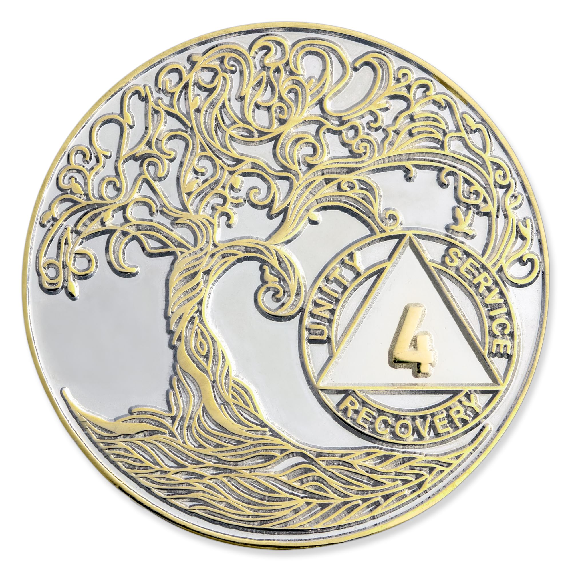 4 Year XL 40mm Nickel & Gold Plated AA Coin - Sobriety Mint Twisted Tree of Life Recovery Medallion/Chip - Silver/Gold