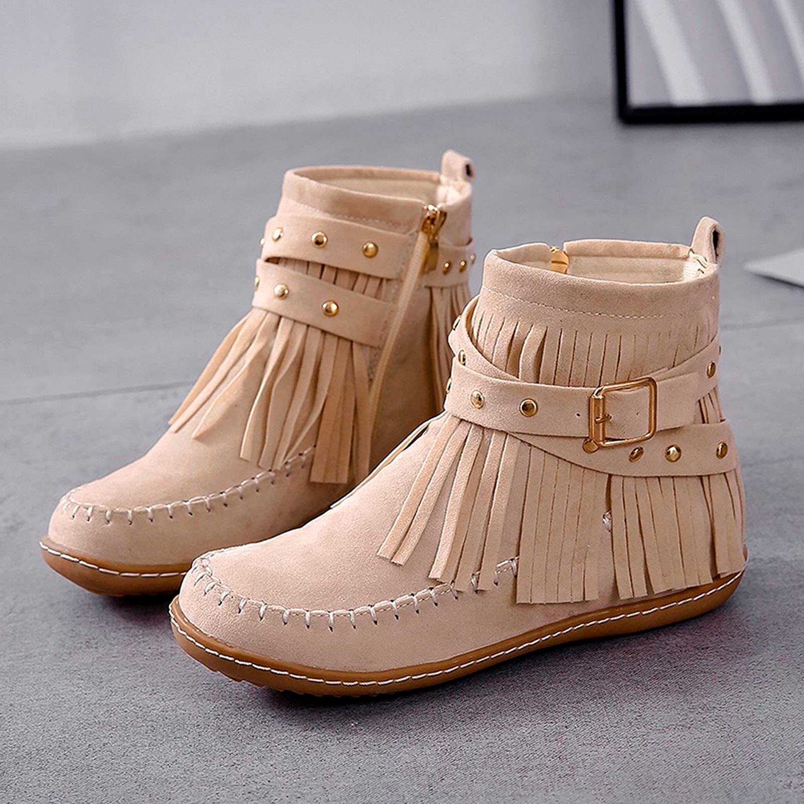 Westernstiefel Damen Mit Fransen : Ankle Boots Damen Elegant Zwiegenäht Mokassins Mit Schnallen Kurzschaft Knöchel Stiefel Rutschfest Gummisohlen Vintage Kurzstiefel Wildleder-Stiefel Cowboystiefel