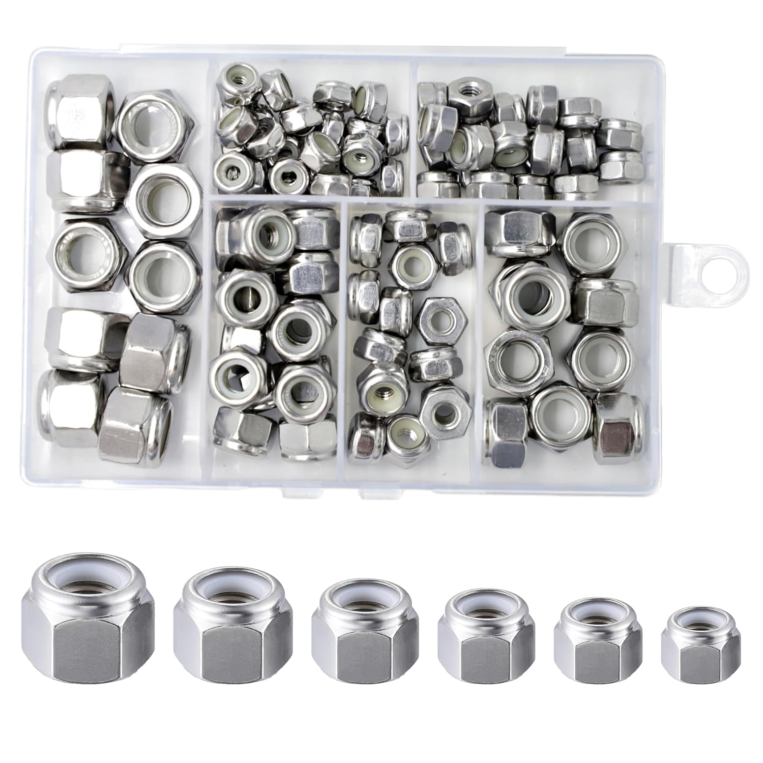 Wensilon(100pcs) Self Clinching Nuts Kit 304 Stainless Steel Self-Lock Nylon Inserted Hex Lock Nuts Set,6#32 8#32 10#24 1/4 5/16 3/8