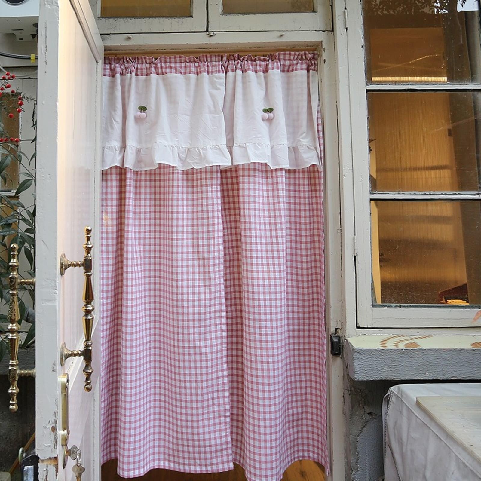 KnSam Firanka bistro, 1 szt., półprzezroczysta, wys. x szer. 140 x 135 cm, z falbankami, różowa, do kuchni, na okno, z bawełny, szal