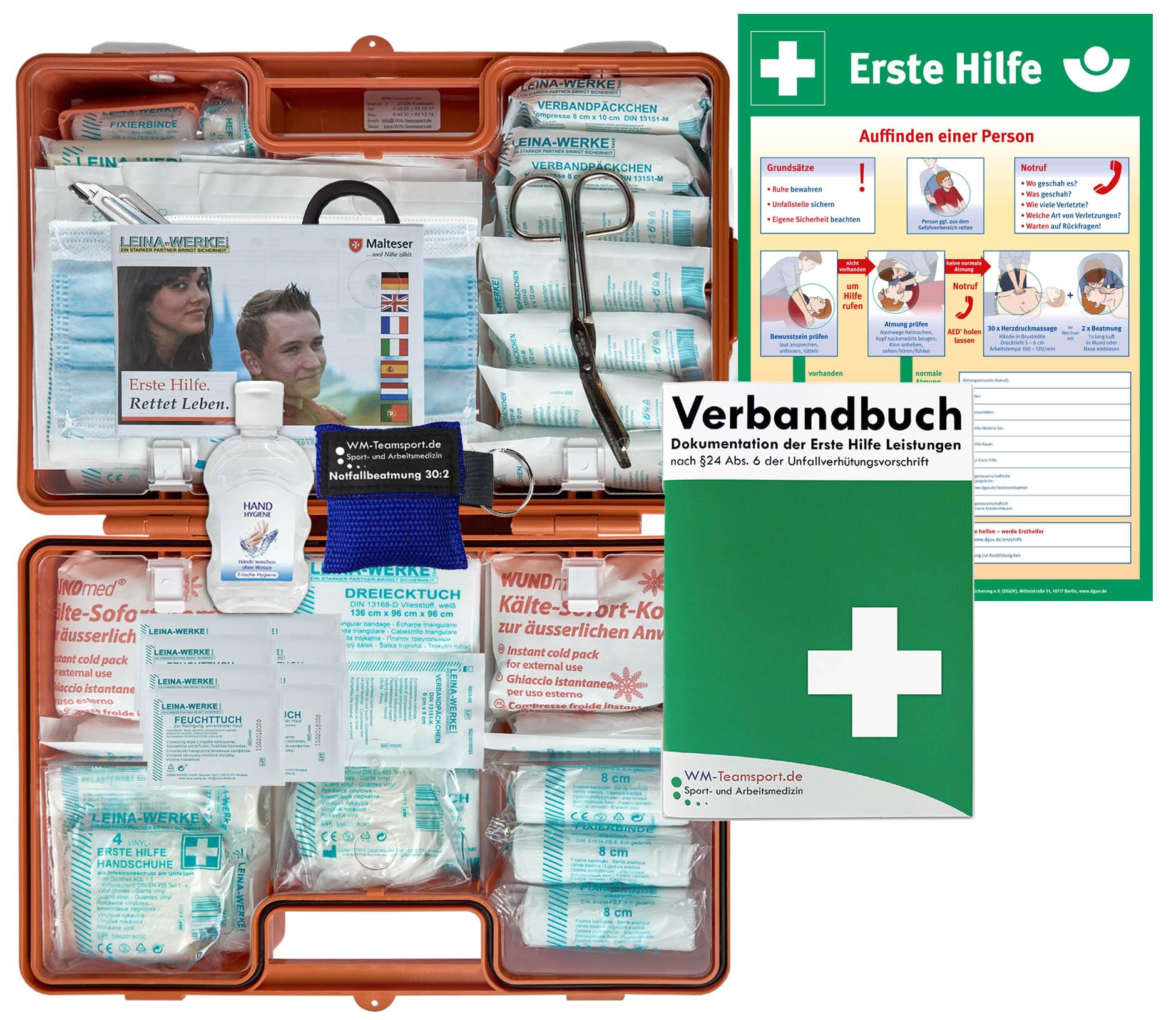 Verbandskoffer/Verbandskasten (G) Typ CN -Paket 2- Erste Hilfe nach AKTUELLER DIN 13169 für Betriebe INKL. Verbandbuch + Hygiene-Gel & Notfallbeatmung + AUSHANG