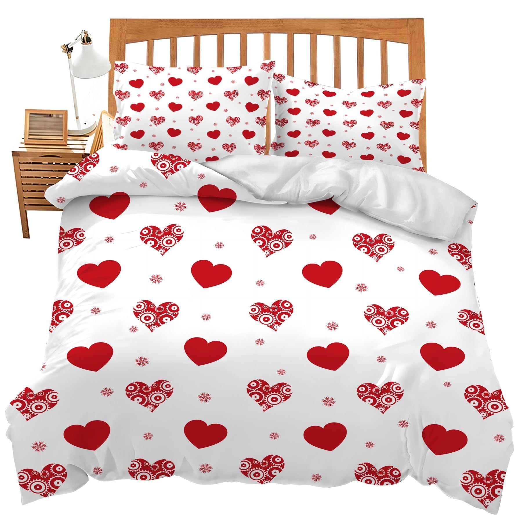 Parure de Lit 240X220 Housse de Couette Cœur Blanc et Rouge pour Fille Garçon Adulte