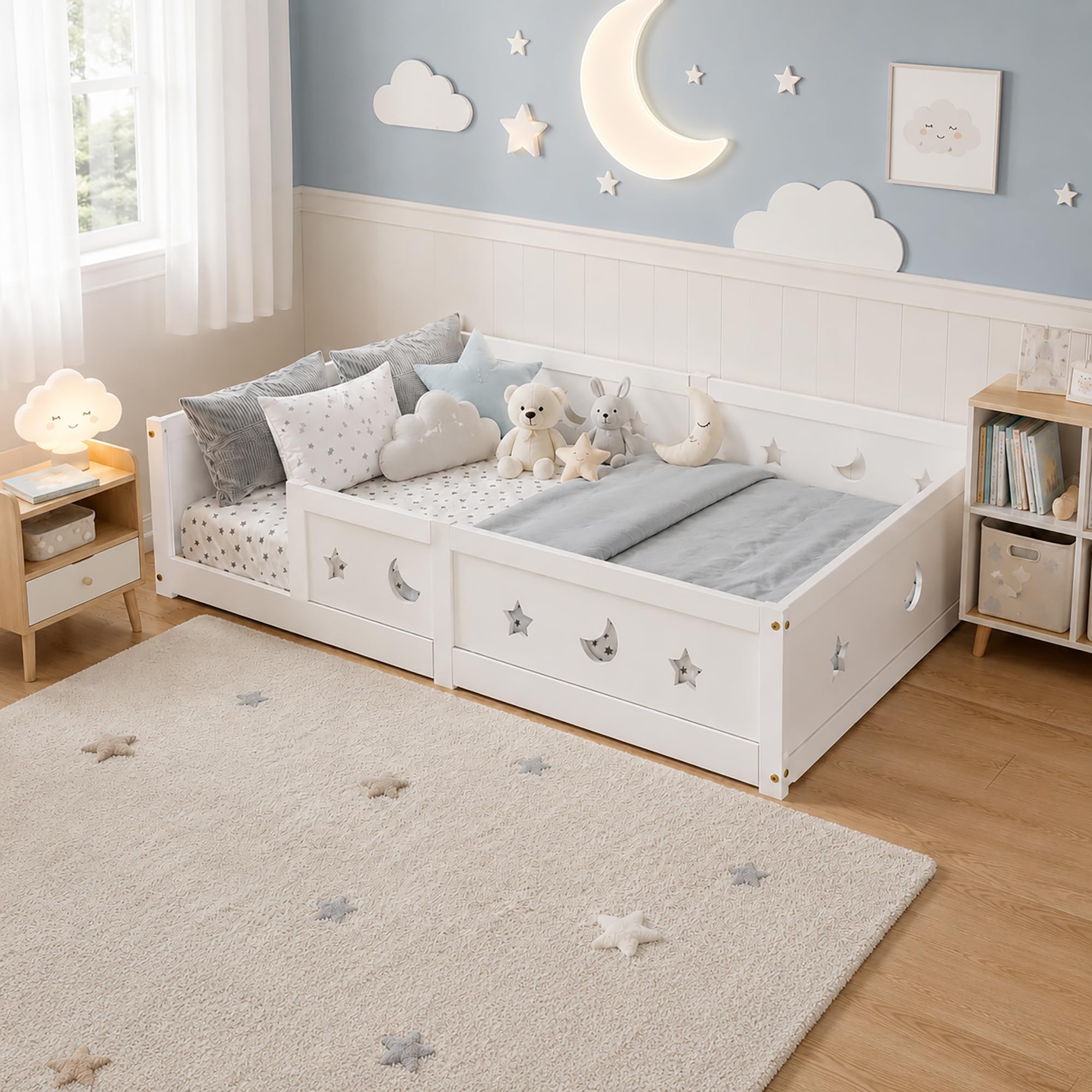 Cama Montessori 140x200 cm, Cama Doble Infantil con Protección Anticaída y Somier de Láminas, Baby Bed Toddler Bed para Niños y Niñas, Estrella y Luna, Pino, Sin Colchón, Blanco