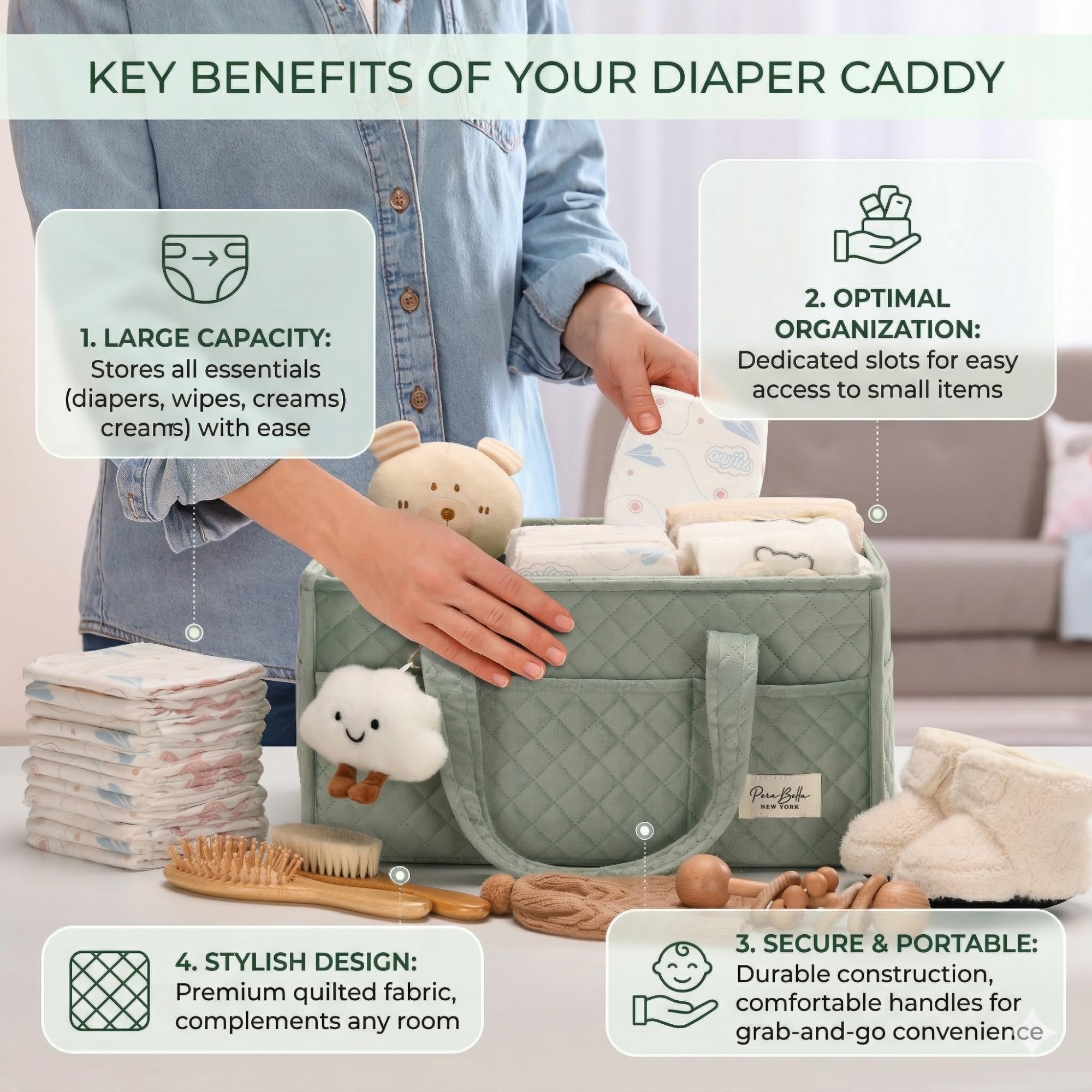 PeraBella Baby Diaper Caddy Organizer, Baby Basket Shower Gift, Portable Changing Table Basket, Postpartum Caddy & Tote Bag Pouch, Newborn Boy & Girl Nursery Essentials Registry, Car Diaper Organizer - 4