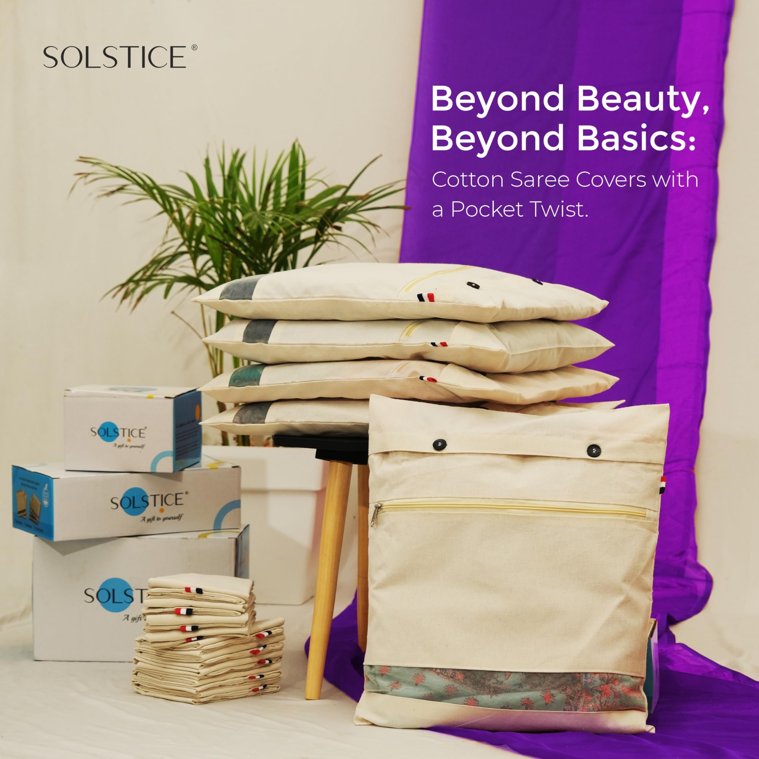 SOLSTICE Cotton Saree Bags/Covers With Zip For Storage - Double Pocket Twist, Big Size (18 X 15 Inches) And Transparent Mesh Window Set Of 8, Beige 3
