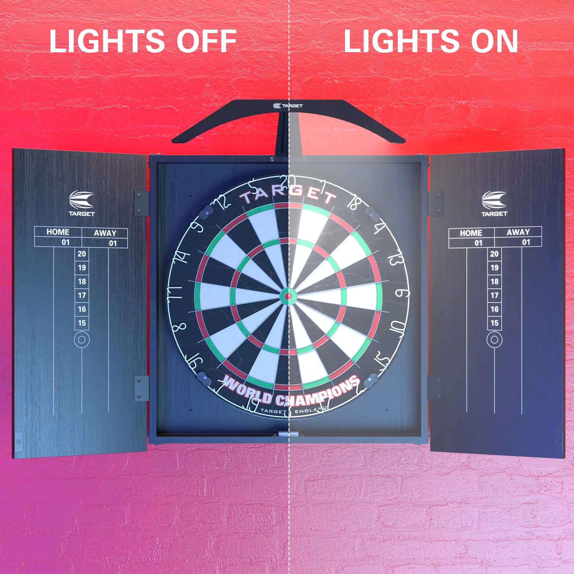 Target Sistema de Iluminación para Diana de Arco de Dardos, Incluye Diana de Campeones del Mundo y 2 Juegos de Dardos, Negro
