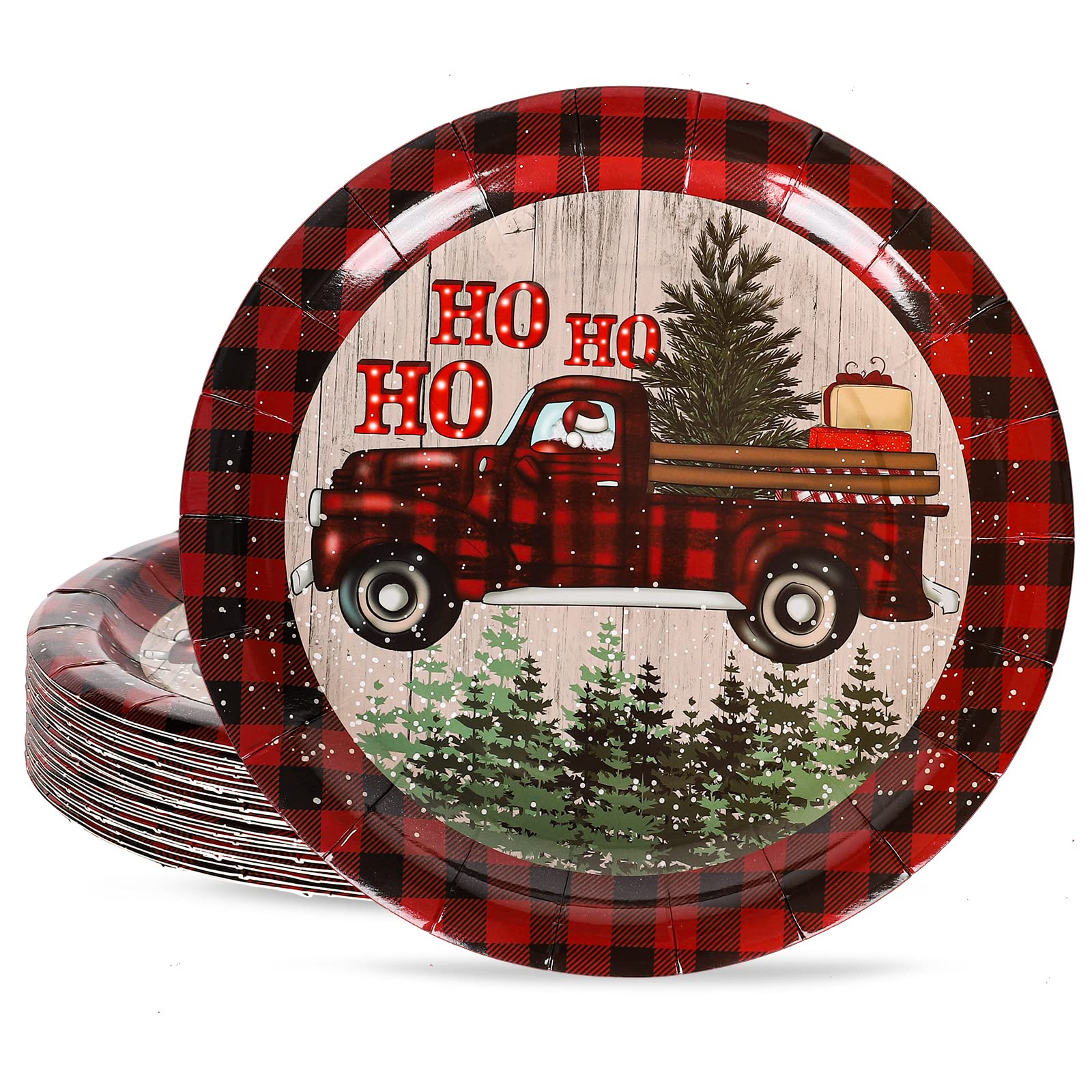 Whaline 40Pcs Christmas Paper Plates Rustic Truck HOHO Printed Round Disposable Plates Xmas Red Black Plaid Border Decorative Tableware for Christmas Holiday Dinner Birthday Party Supplies, 9 Inch
