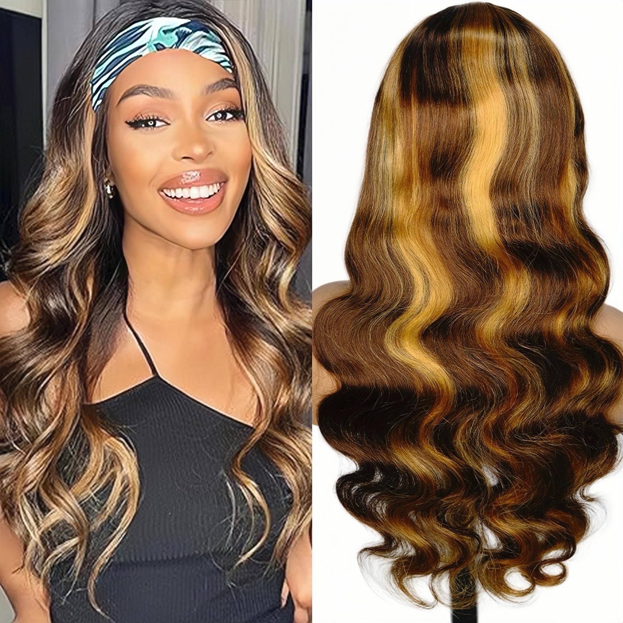 Ghaadd Headband Wig Human Hair Body Wave Headband Wigs for Black Women human hair Blonde 4/27 Highlight Wear and Go Glueless Wig 100% Brazilian Virgin
