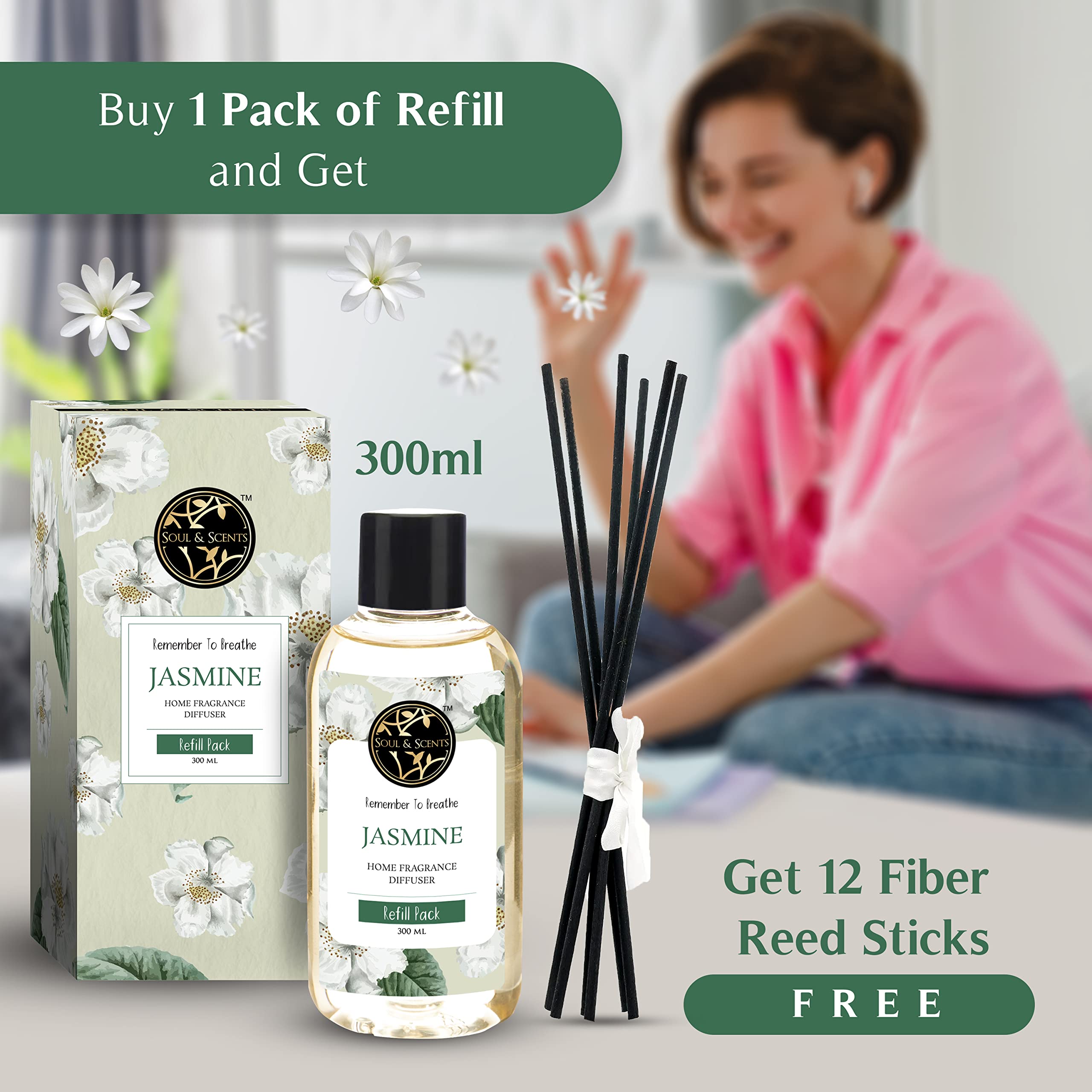 Soul & ScentsPlastic 300Ml Reed Diffuser Refill For Jasmine Fragrance | Free 12 Fiber Reed Sticks | Long Lasting | Smoke Less Room Freshener For Home, Bedroom, Living Room & Office 1