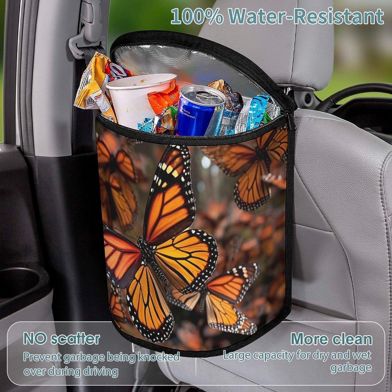 Hanging Car Trash Bag Monarch Butterflies Printed Car Garbage Storage Bag Leakproof Car Trash Can Portable Garbage Storage Bags