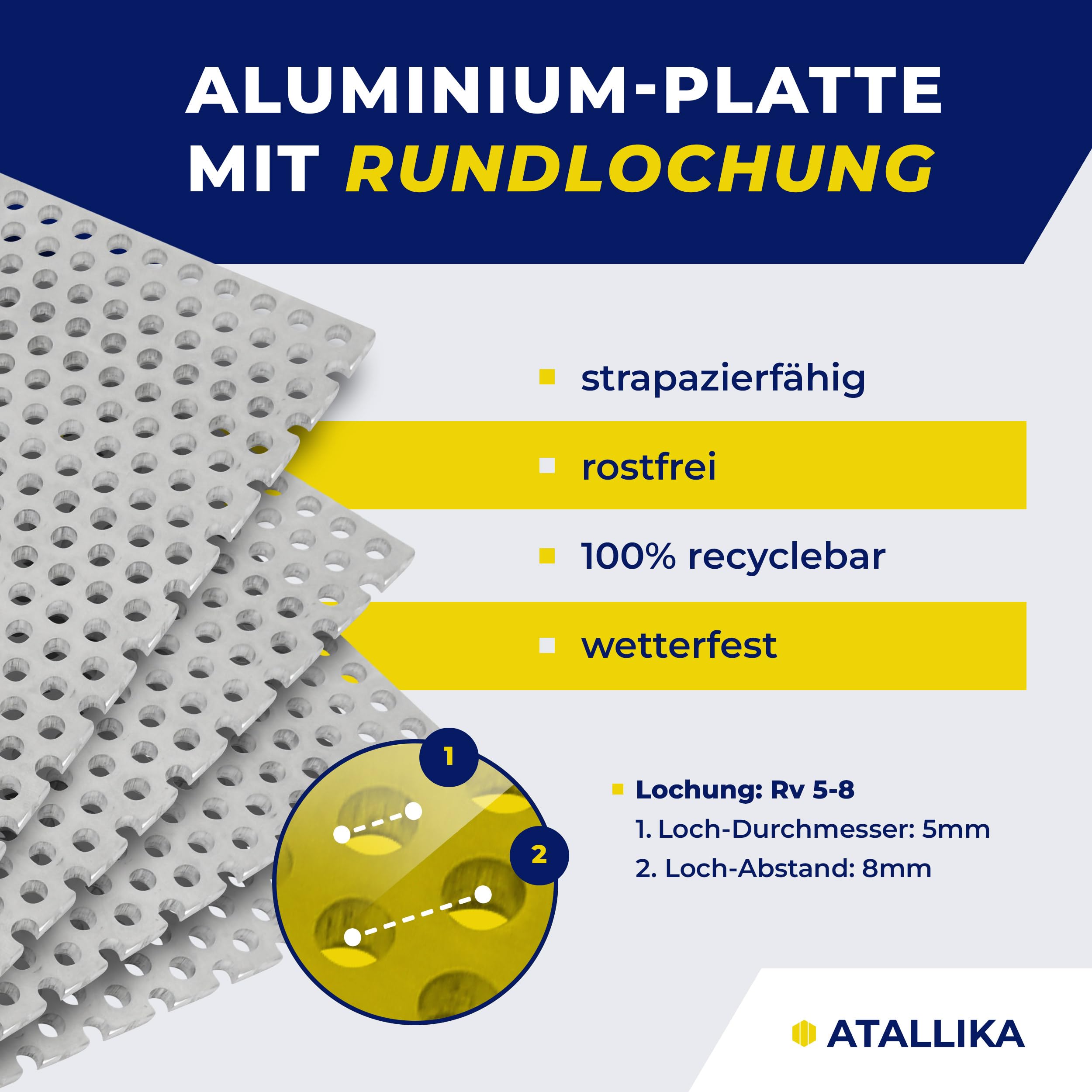 Lochblech Aluminium Rv 5-8 [300x300 mm] - 2mm dickes Alu-Blech mit Rundlochung 5mm/8mm [wetterfest für Outdoor & Indoor] - präziser Zuschnitt aus Deutschland