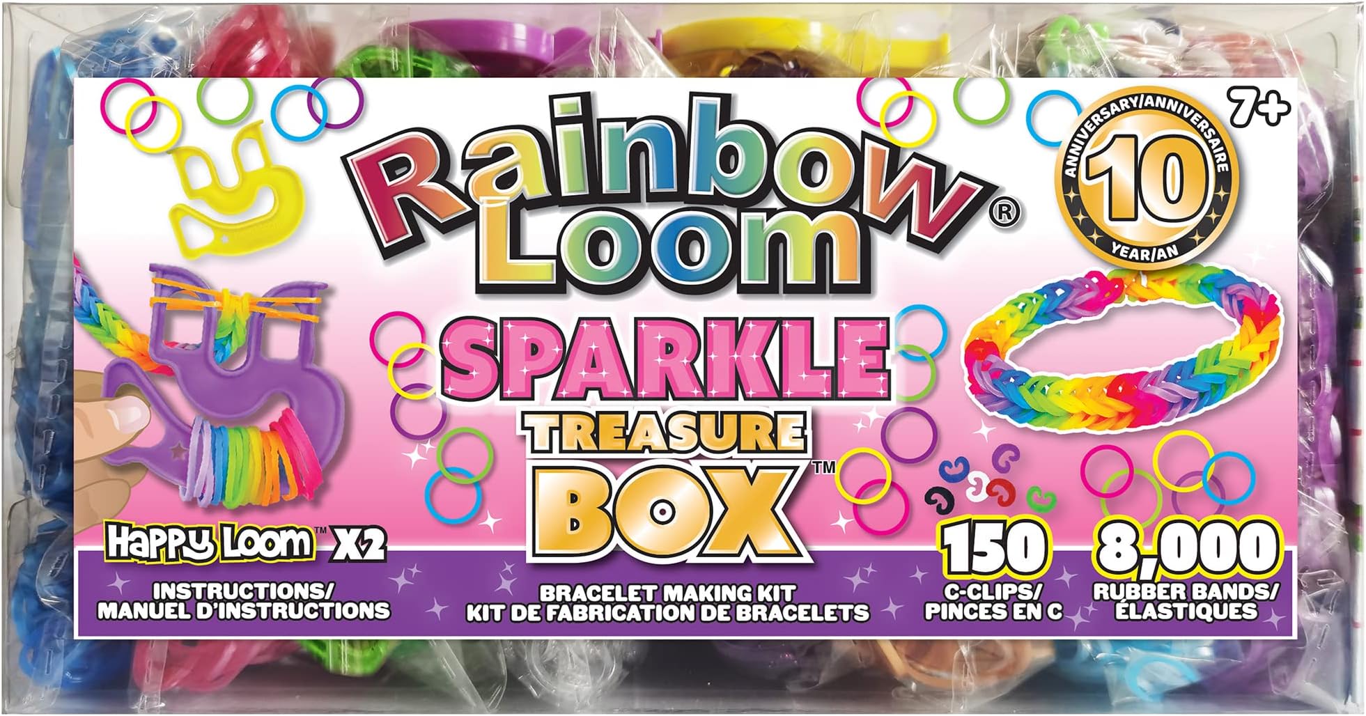 Treasure Box Sparkle Edition, 8,000 Rubber Bands in 8 Different Sparkly Colors, and a BONUS of 2 Happy Looms, Great Activities for Boys and Girls 7+