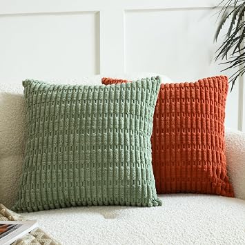 Panleding Pack of 2 Decorative Throw Pillow Covers, Corduroy Boho Striped Pillow Cases, Simple Modern Home Decor for Sofa Living Room Couch Bed, 18x18 Inch, Sage Green & Rust