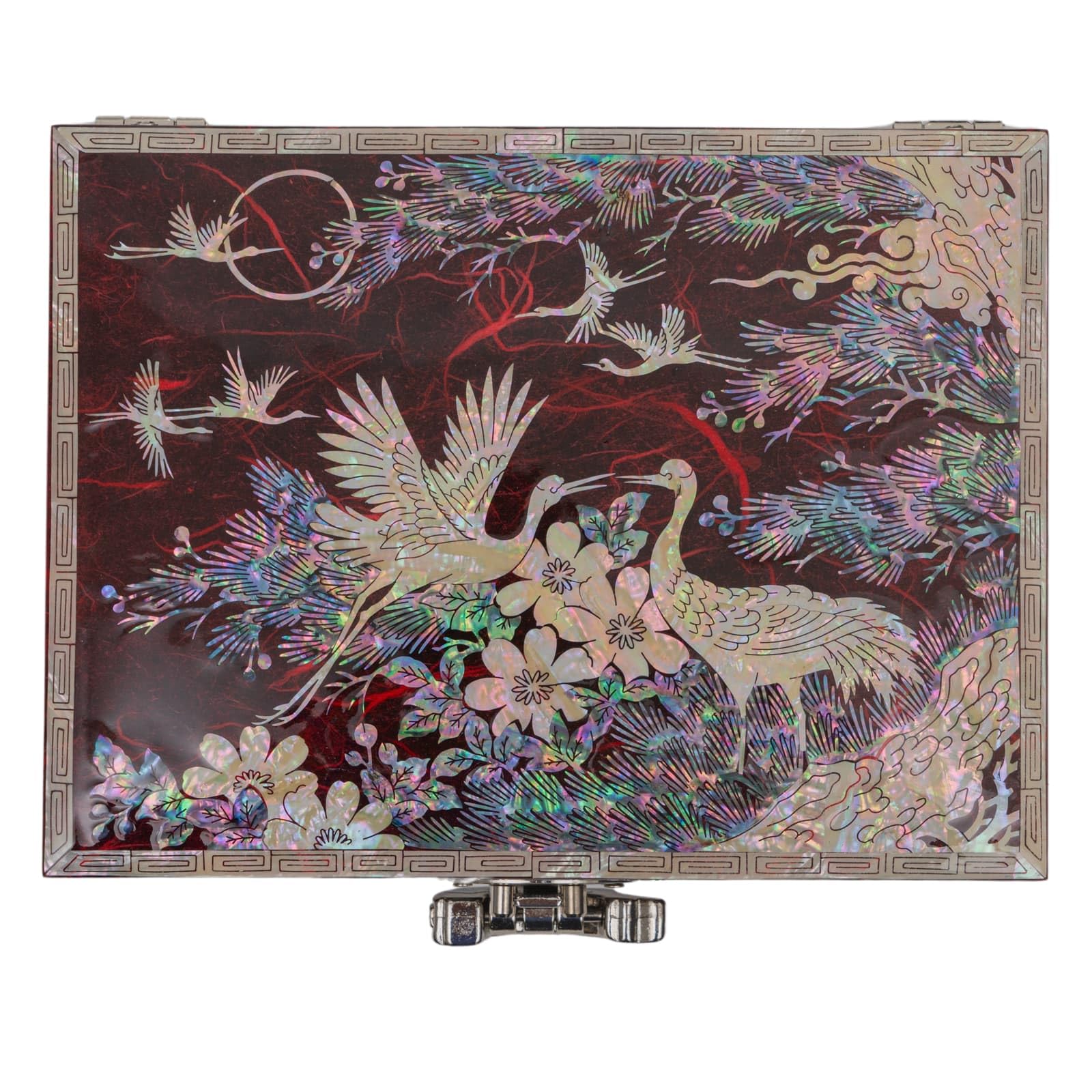 February Mountain Boîte à bijoux à musique en nacre coréenne – Grue et motif floral fabriquée à la main, joue Arirang – Cadeaux uniques pour maman, sœur, épouse et grand-mère (rouge)