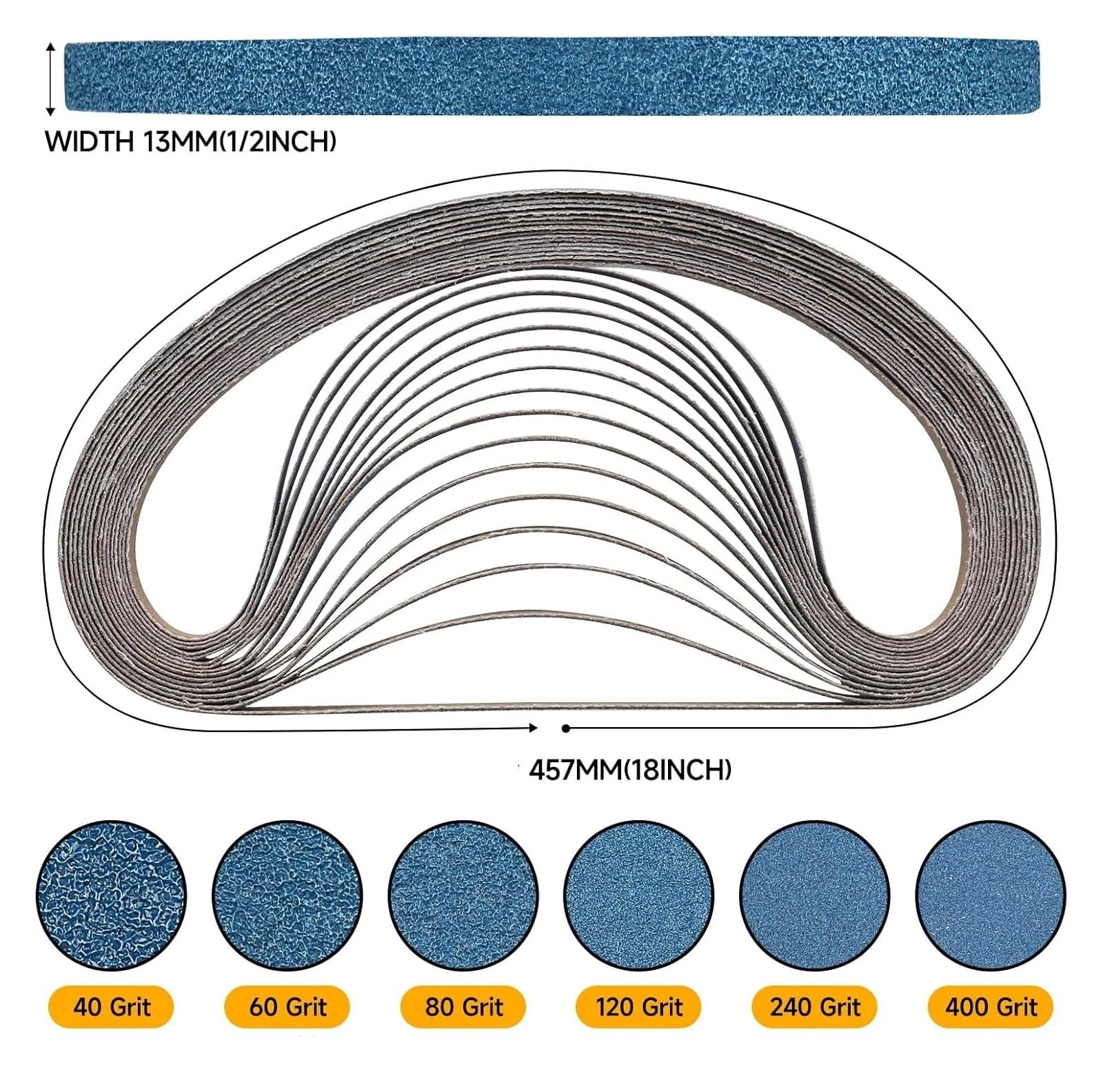 Bande Abrasive Bande abrasive en zircon de 457 x 13 mm, grain 40-400, idéale for ponceuse à bande, décapage de la rouille et de la peinture, ponçage et finition du bois et du métal.(10pcs 120Grits)