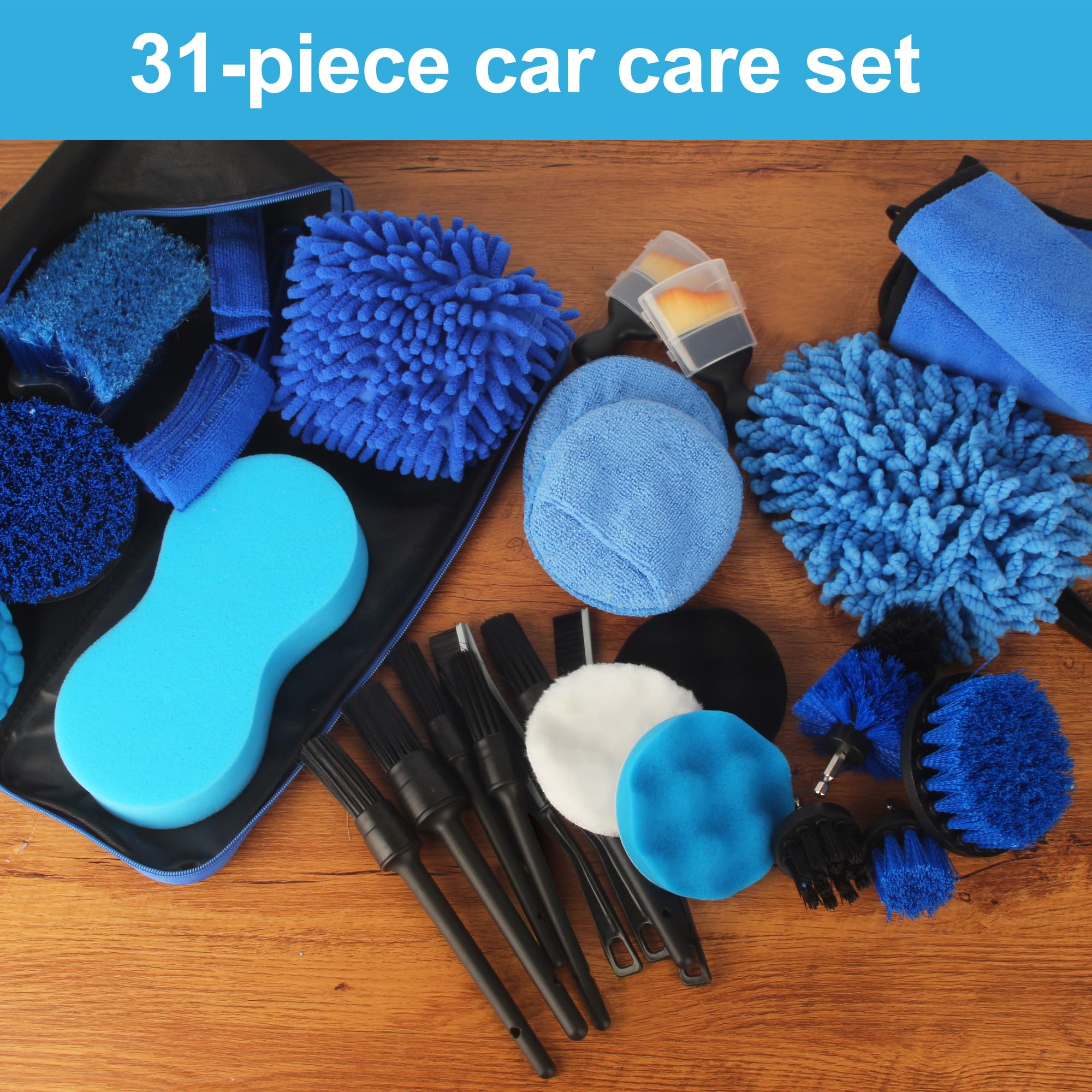 31 pezzi Kit Pulizia Auto, Kit Pulizia Auto Interni, include spazzola, spugna lucidante, custodia per il trasporto, adatto per prese d'aria, cruscotto, motore, ruote e superfici domestiche