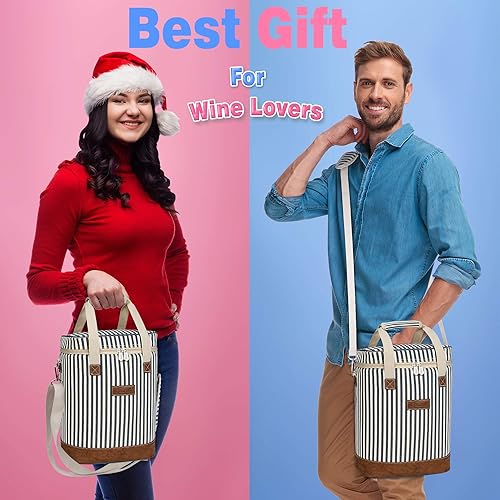 Miniatura 4 de Tirrinia Bolsa enfriadora de vino para 6 botellas, con rayas azules, acolchada y aislante térmico, a prueba de fugas, multiuso, diseño para llevar