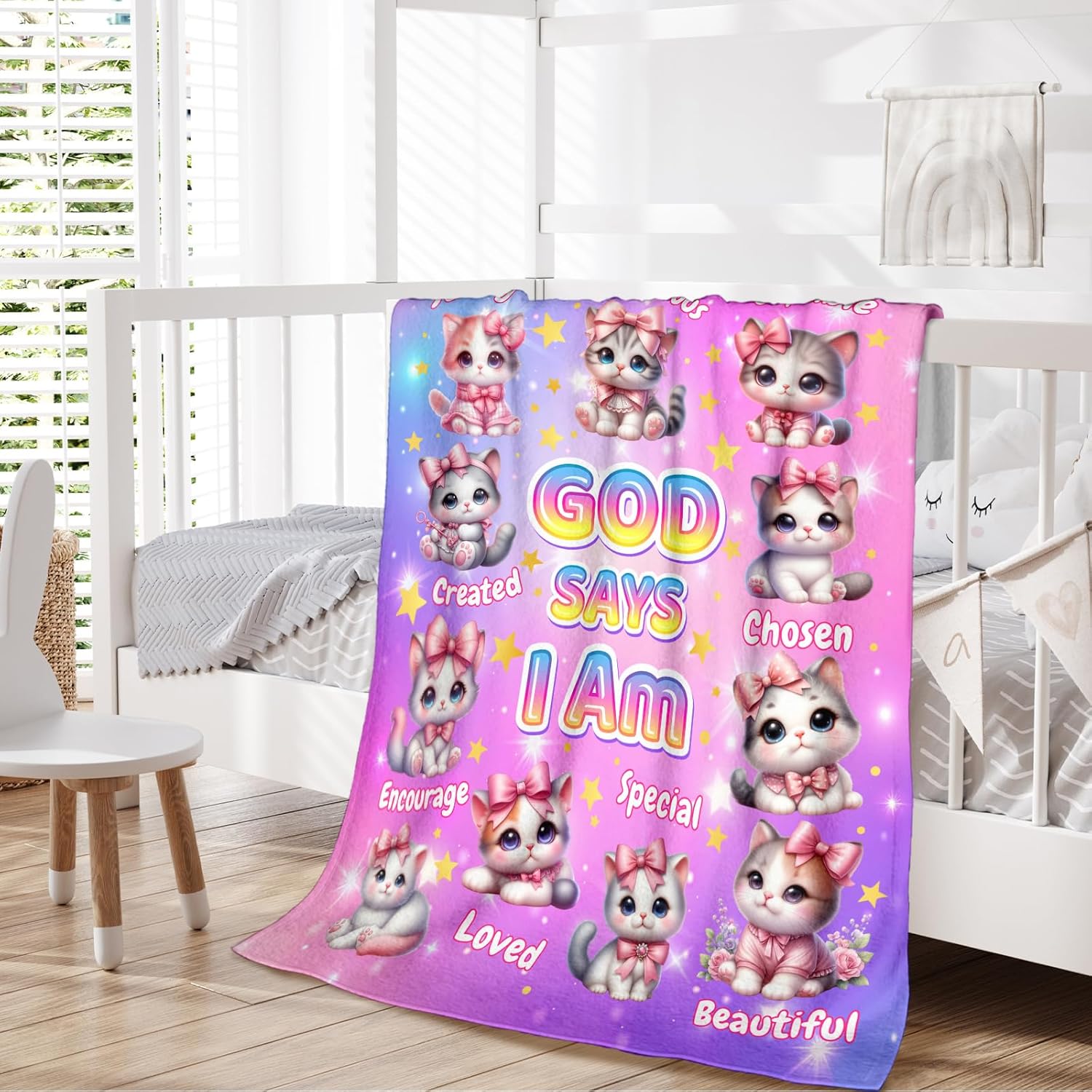 Christian Girls Blankets for Kids Teens, Cozy Comfy 60''x50'' God Says I Am Cat Themed Stuff Throws for Cat Lover, Inspirational Religious Birthday Gifts for Bed Couch Decor