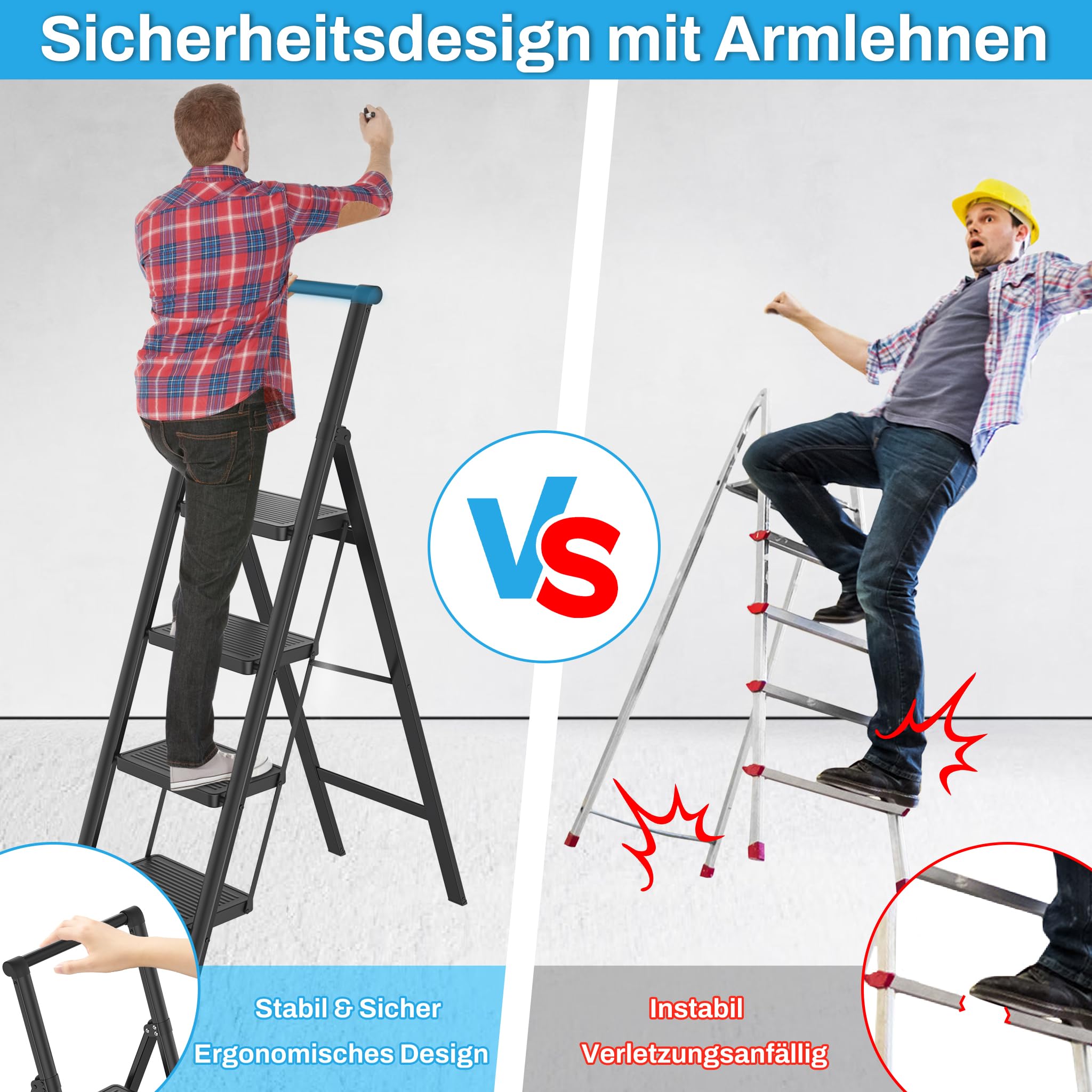 Froadp Trittleiter 4 Stufen Klappbar rutschfeste Stehleiter Eisen Klappleiter Multifunktionale Leiter mit Handlauf Tritthocker Haushaltsleiter für Haus Küche und Außenbereich Belastbar bis 270 kg