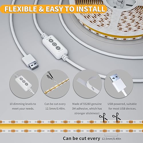 Miniatura 7 de PAUTIX Tira de luz LED USB de 5 V, 6.56 pies6.6 ft, 640 LEDs 1200 lm Tira LED COB regulable 6000 K luz diurna blanca CRI90+ retroiluminación