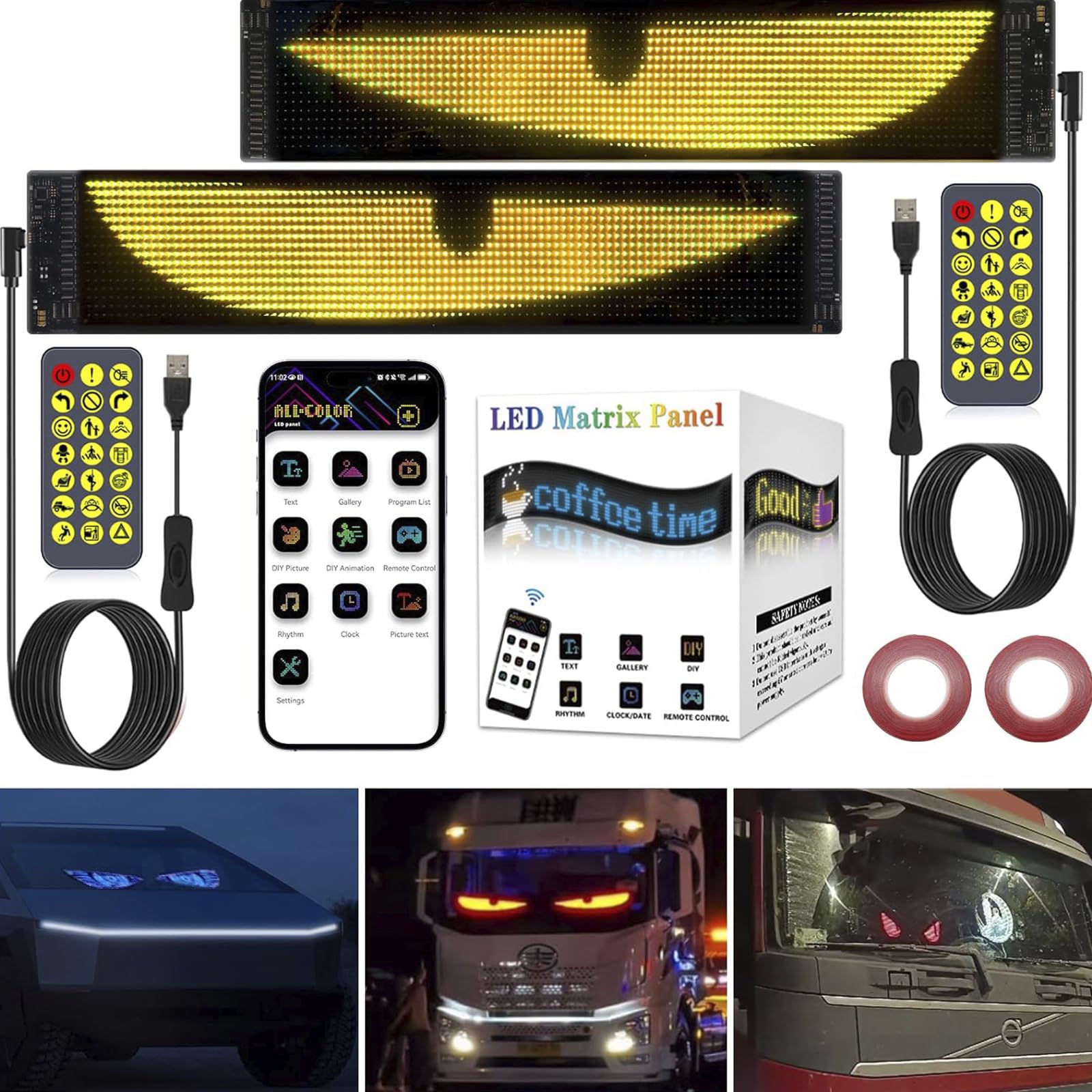 Ojos LED para camiones y coches, gran pantalla flexible programable para coche, bricolaje, LED dinámicos, luz de ojos de colores (2 unidades de 120 x 595 mm)