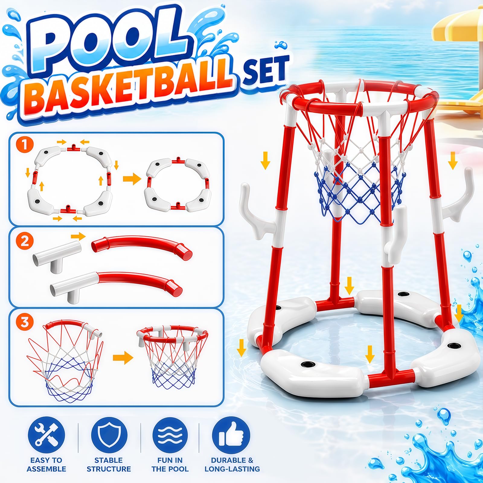 Ronronner Panier de basketball 3 en 1 pour piscine, jouet de piscine avec lancement de balle collante et lancement d'anneaux, 12 balles adhésives, 4 ballons de basket-ball, jouet aquatique pour