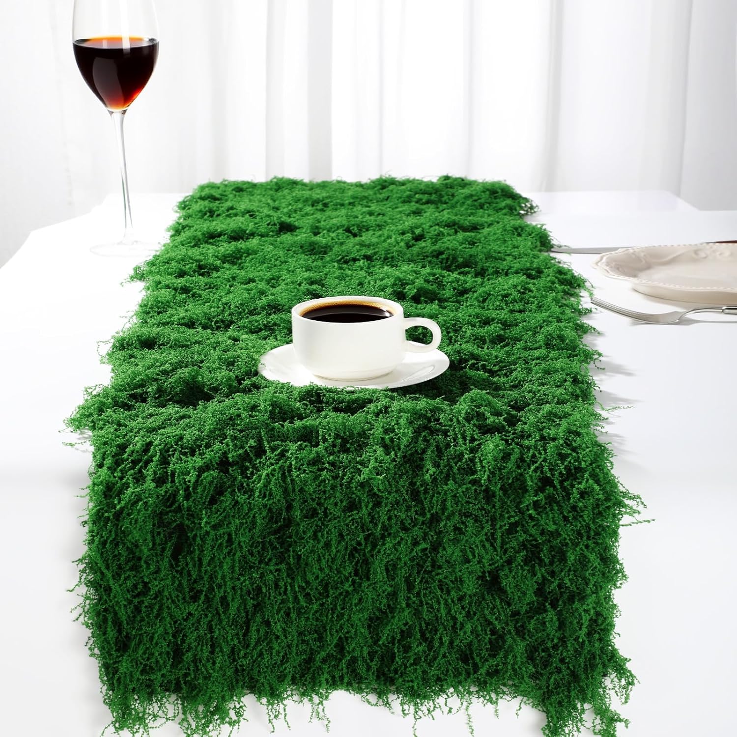 Zeyune 2 Pcs Fake Moss Table Runner for Crafts 12'' x 71'' Artificial Moss Sheet Roll Waterproof Carpet Blanket for Wall Roof Garden Wedding Birthday Party Table Decoration (Dark Green)