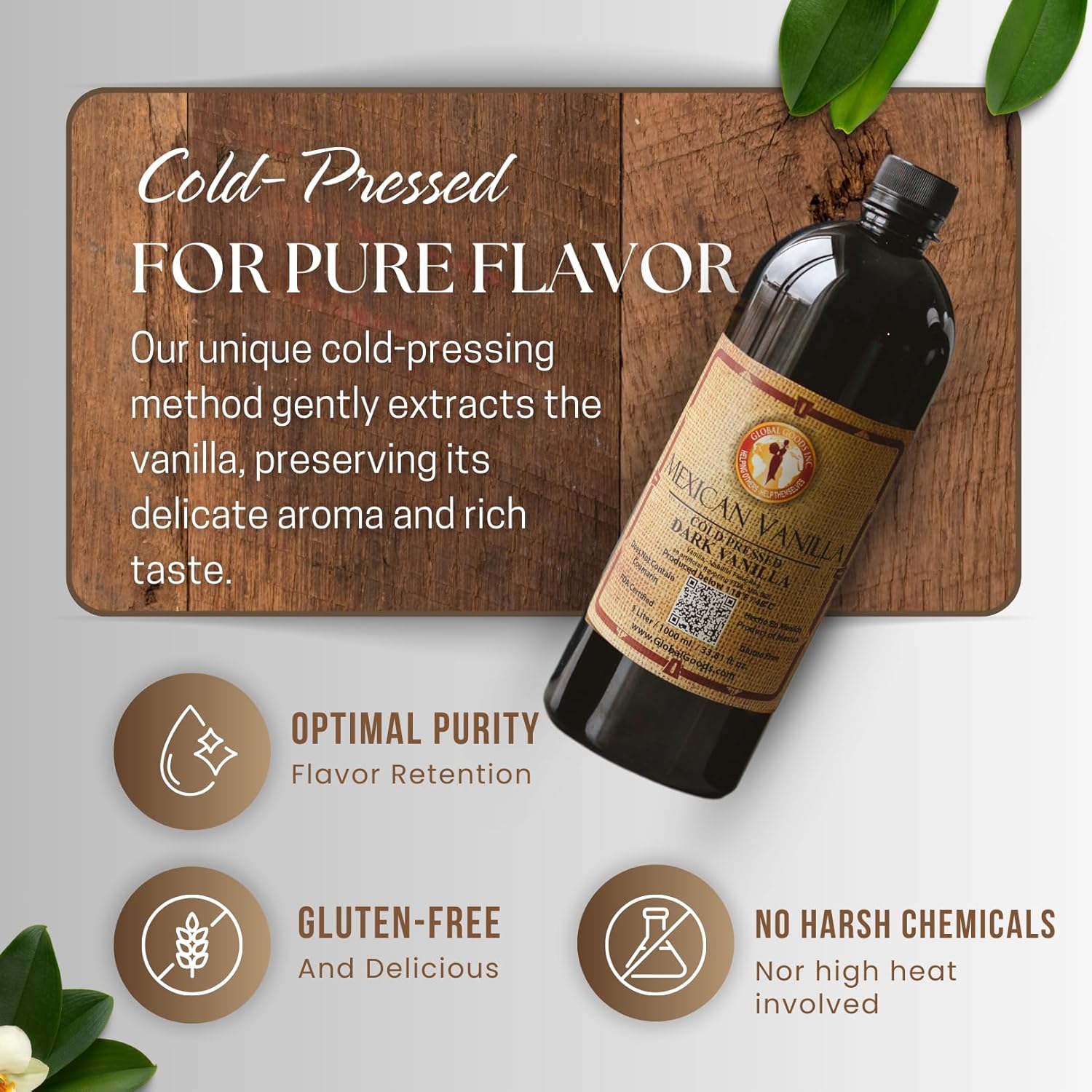 Pure Dark Mexican Vanilla Extract Gluten-Free Vanilla for Baking, Cakes, Cookies, Desserts, Coffee & Beverages (1 Liter / 33.81 fl oz) – Natural, No Coumarin, Bold Flavor