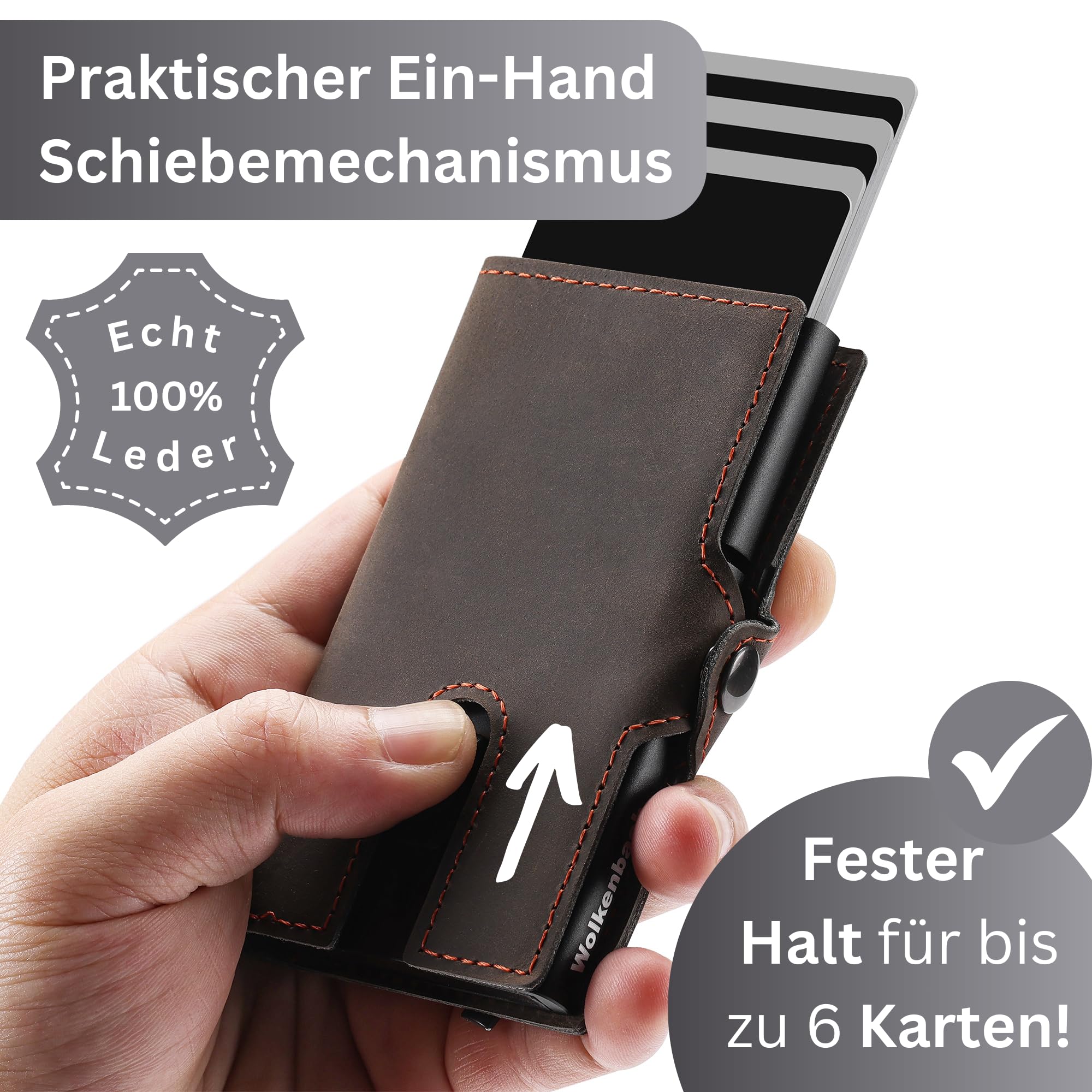 Wolkenbach - Porta carte di credito in pelle con scomparto per monete, da uomo, porta carte di credito, portafoglio sottile, in vera pelle, protezione RFID, Nero con cucitura rossa, s, Compatto