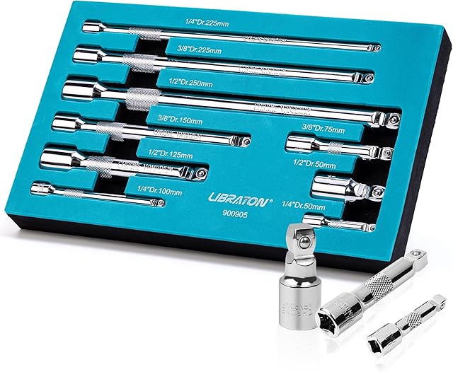 LIBRATON Wobble Extension Bar Set 9PCs, Wobble Socket Extensions, 1/4 3/8 1/2 Drive Socket Extension, Chrome Vanadium Steel with Chrome Plated in EVA Storage Tray