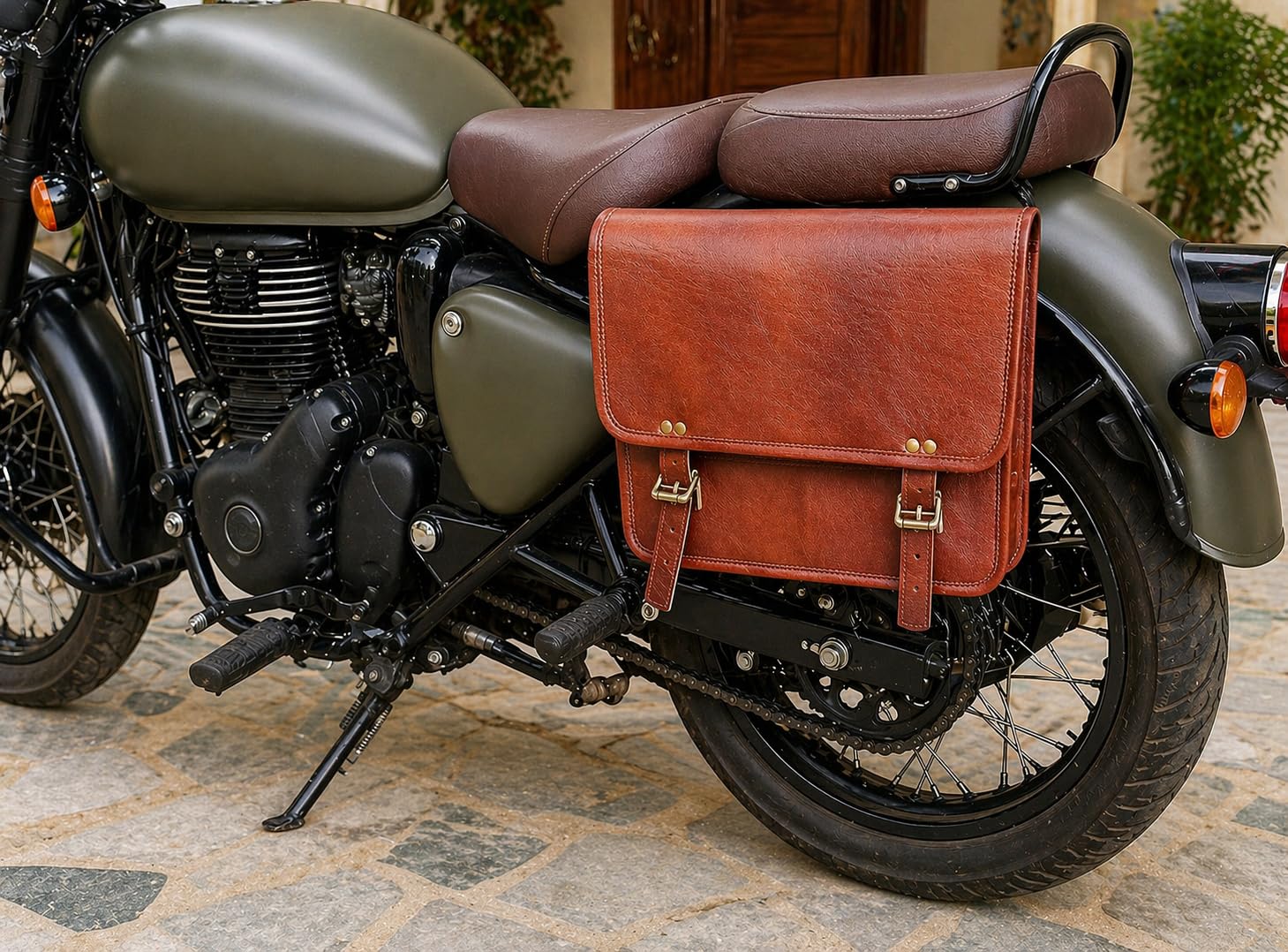 ハンドメイド　ヴィンテージ仕様の　本革 バイクサイドバッグ Amazon | アメリカンブルー Lサイズ 本革 ハンドメイド オートバイ