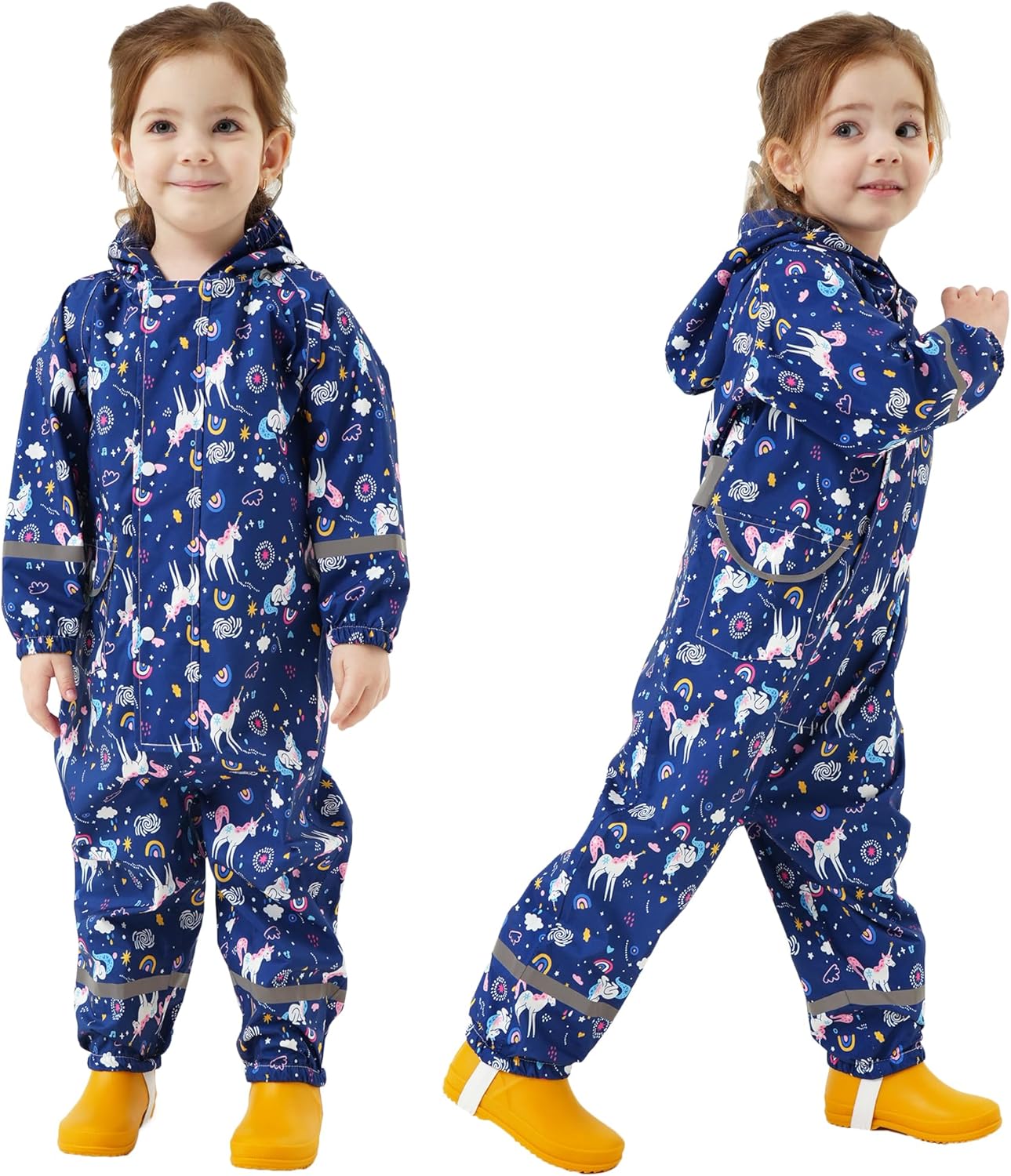 Fewlby Kids Rain Suit Toddler Girls Raincoats One Piece Hoodie Cartoon Rain Gear Coverall Waterproof Rainwear