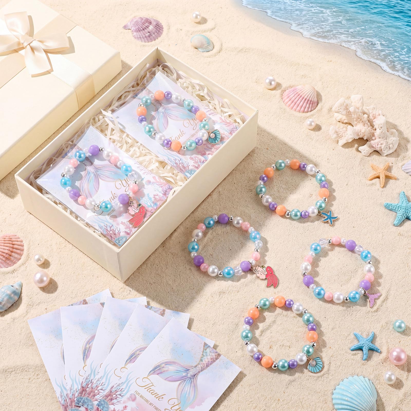 Misdary 12 Set Mermaid Party Favors Kids Beaded Bracelets Thank You Cards Goodie Bags Gifts Theme Party Accessories for Girls Jewelry Princess Birthday Prize Gifts Birthday Decorations