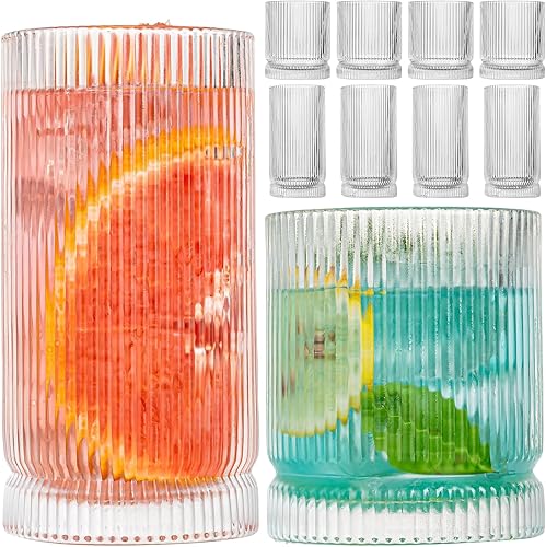 Vasos para beber, juego de 8 vasos de vidrio estilo origami, 4 vasos altos de 15 onzas y 4 vasos de 12 onzas, tazas de mojito, copa de cóctel,