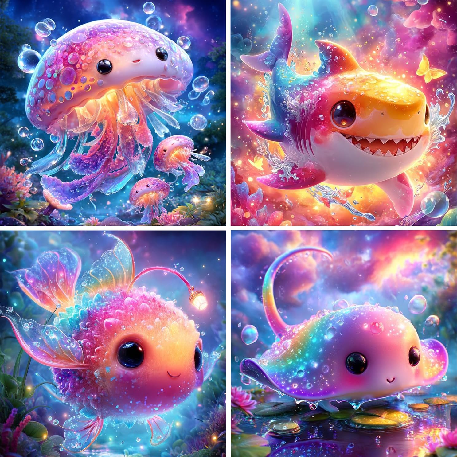 FLAJZ Diamond Art Kits for Kids, 4 Pack Diamond Painting Kits for Kids Beginners, 5D Cartoon Cute Animals Dimond Art Kits, DIY Full Drill Round Mosaic Gem Art Kits for Home Wall Decor 6x6 Inch