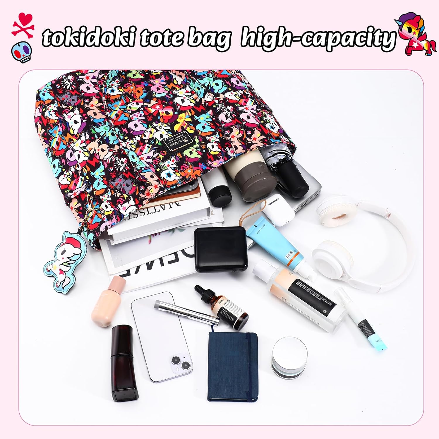 tokidoki Unicorno Foldable Tote Bag for Women, Canvas Tote Bags with Doll Portable Shoulder Handbag for school Work Travel
