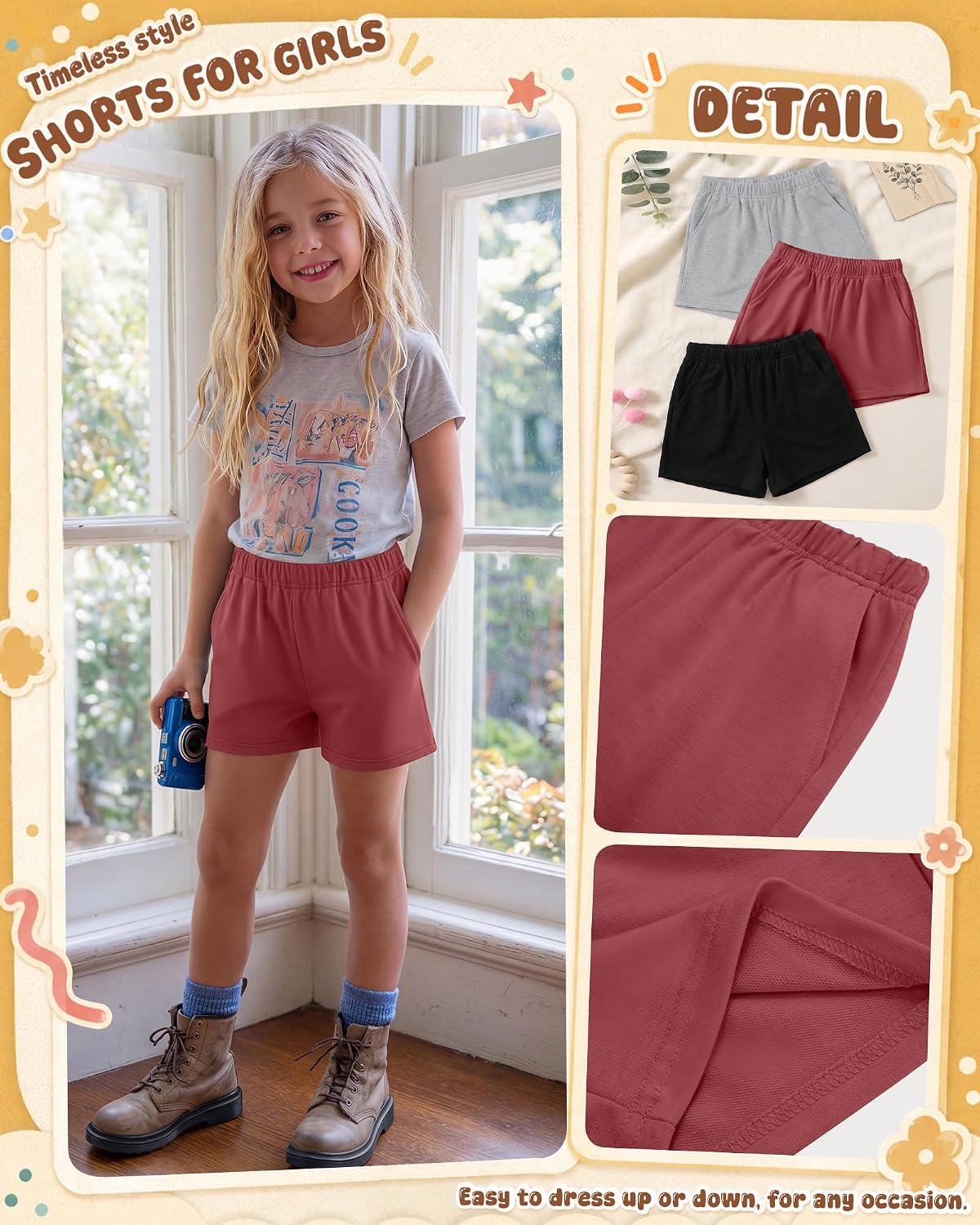 Halfchet 3 Pack Girls' Sweat Shorts Casual Athletic Sweatpants with Pockets Elastic Waistband for Kids 5-16 Years Summer