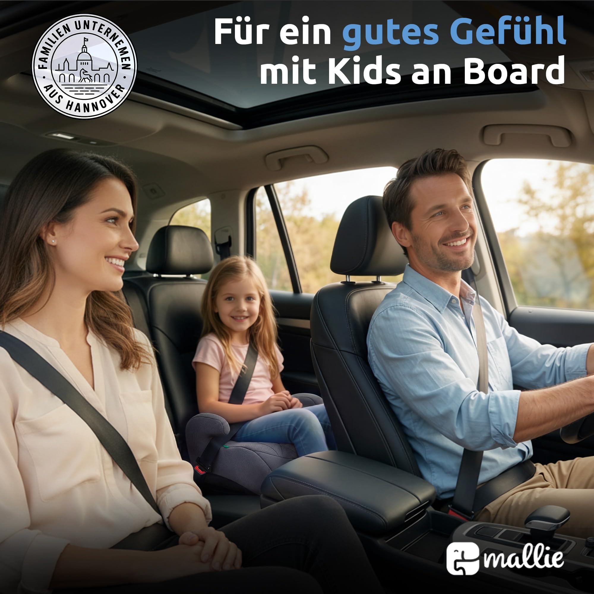 Mallie® Premium Kindersitzerhöhung Isofix mit 2 cm Memory Foam | Sitzerhöhung Auto Kinder 15-36 kg, ECE R129 | Kindersitz Isofix ab 6 Jahre, 125-150 cm (Grau)