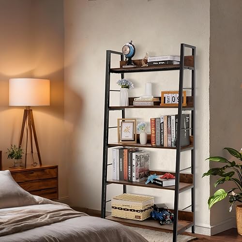 Miniatura 5 de BATHWA Estantería de escalera de 5 niveles, estantería industrial rústica de madera abierta de metal para sala de estar, dormitorio, oficina en