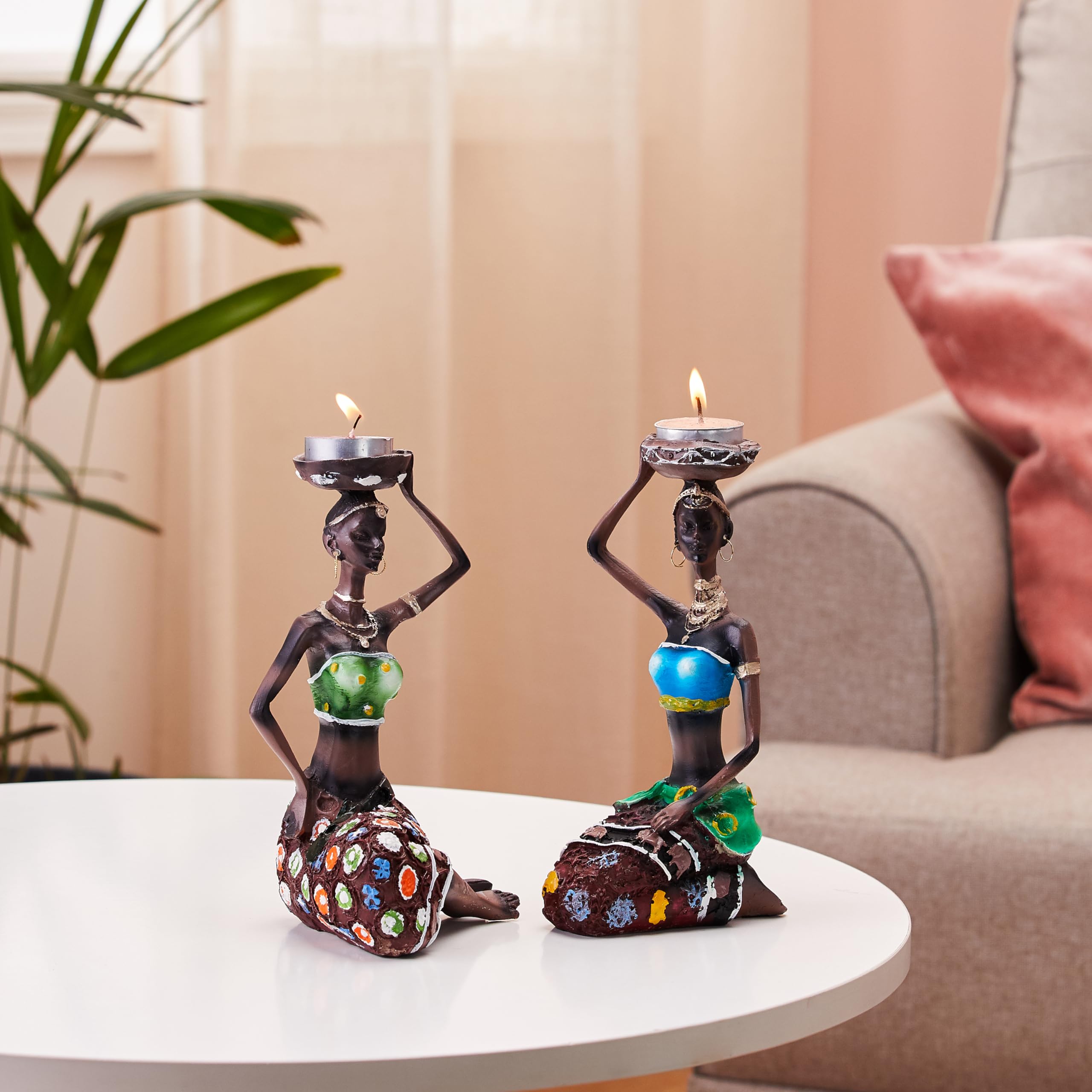 Handcrafted Home Decor Art Piece | Sitting African Tribal Women with Candle Holder | Set of 2 (Multicolor) 2