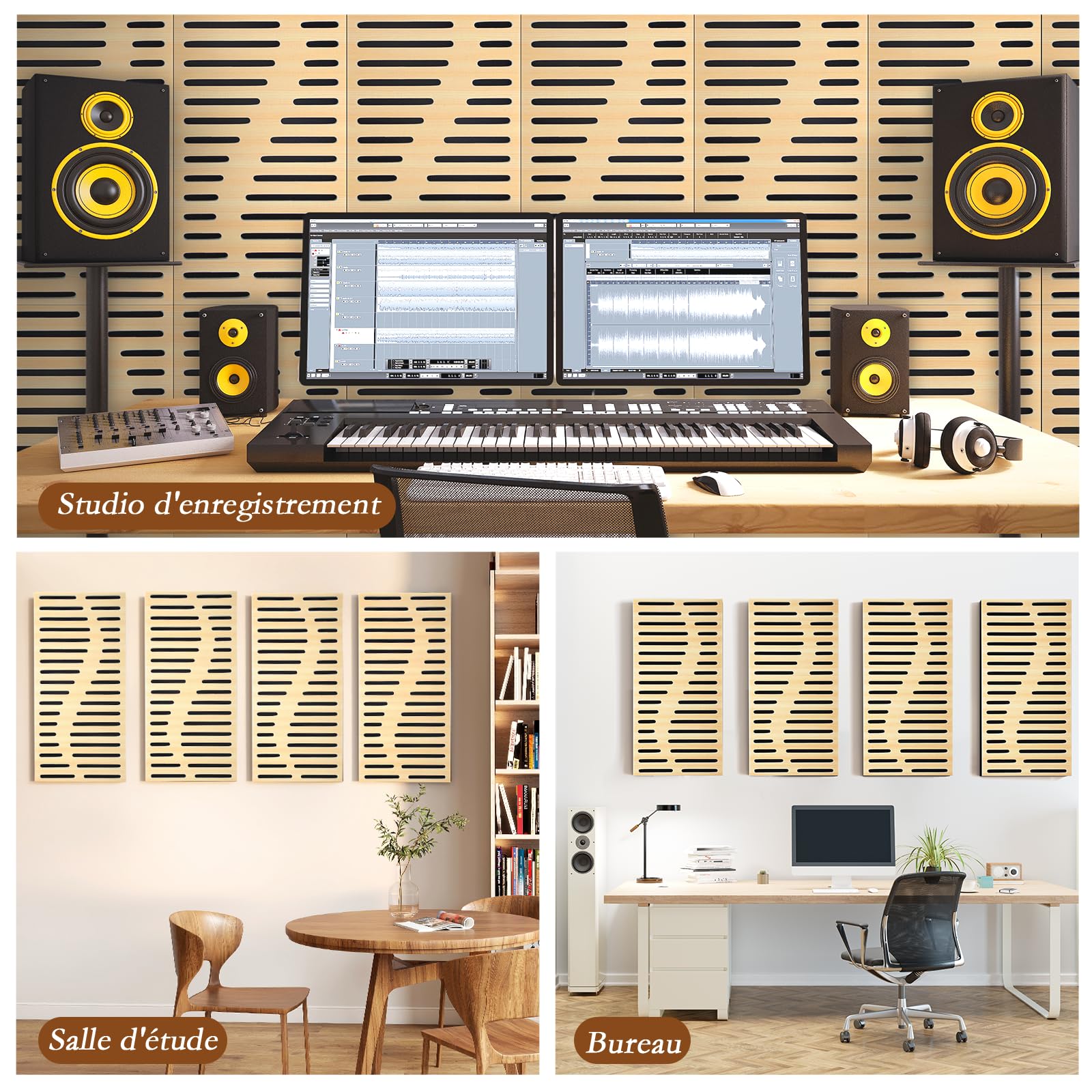 JBER Lot de 4 panneaux acoustiques en mousse - Autocollants et insonorisants pour murs - Panneaux muraux décoratifs 3D en fibre de polyester perforée à trois couches pour studio d'enregistrement