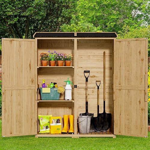 Vista 2 de Gizoon Outdoor Storage Cabinet with Waterproof Roof, Double Lockable Doors Garden Shed with 2 Removable Shelves, Wooden Storage Shed with Large