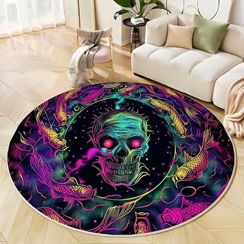 Round Rug 3ft Washable Circle Carpet, Non Slip Low Pile Mystery Fantasy Skull Koi Fish Circular Rug for Bedroom Bathroom Entryway Kids Room Office College DormPurpl Blue