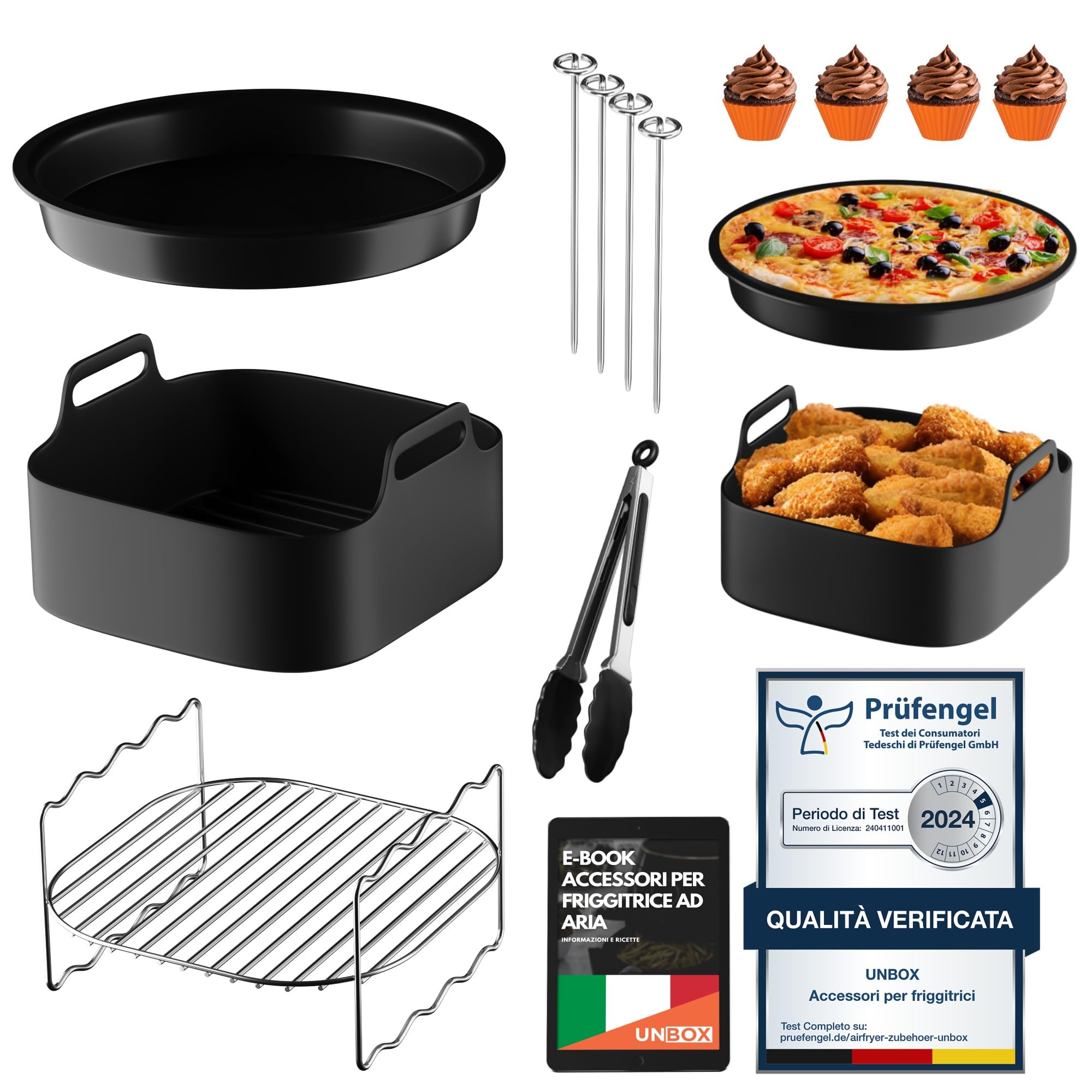 Accessori Friggitrice ad Aria per Philips 6,2L, Cosori e Cecotec | Set con teglia in silicone (23cm), griglia e teglia per pizza. Acciaio inox privo di BPA lavabile in lavastoviglie