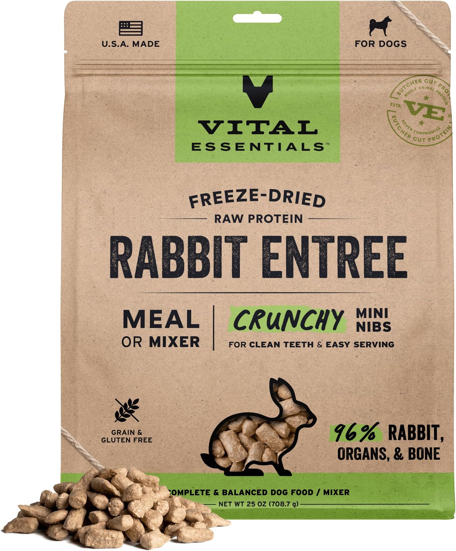 Freeze-Dried Raw Rabbit Entree & Mixer Dog Food Crunchy Mini Nibs, 25 oz