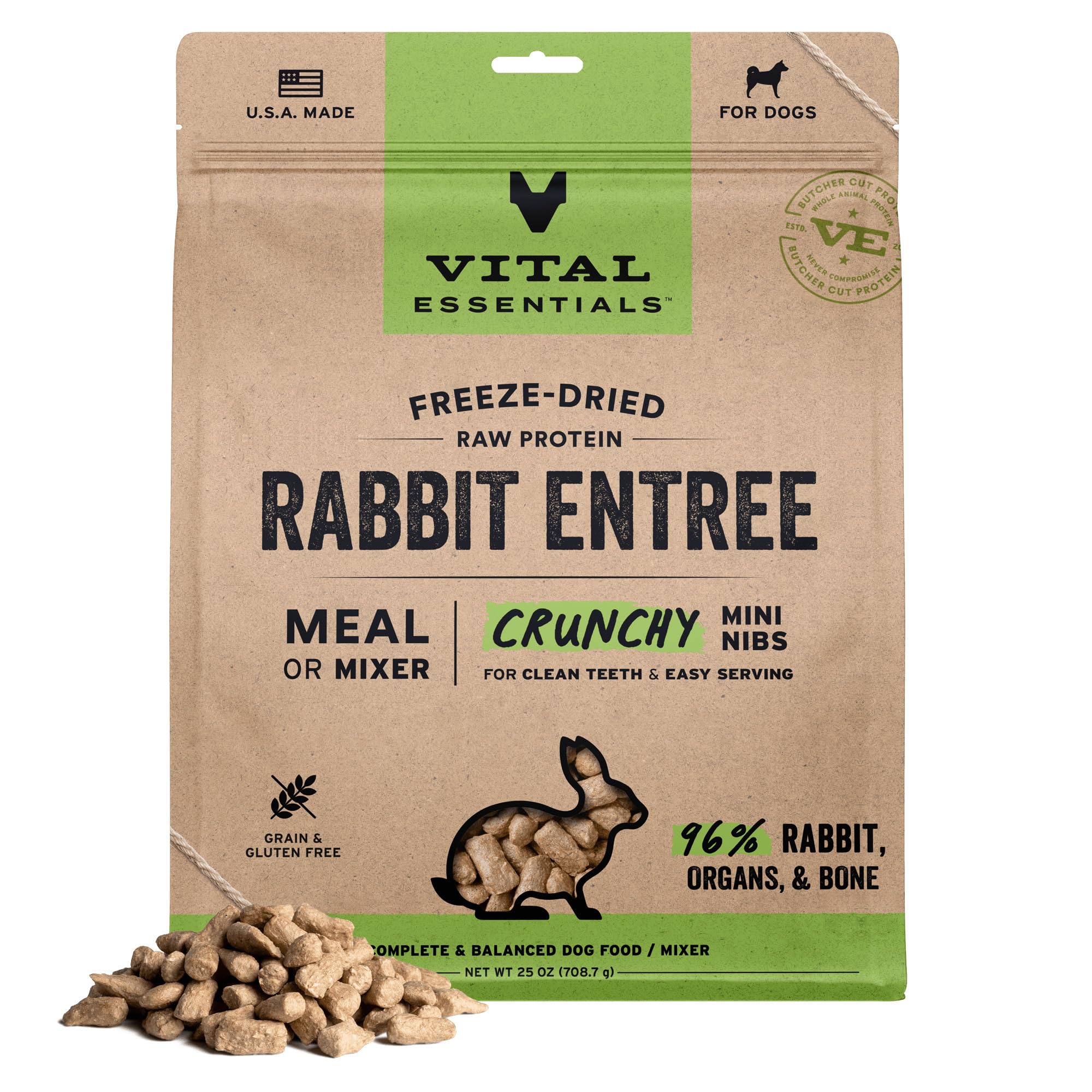 Vital Essentials Freeze Dried Dog Food, Rabbit Mini Nibs, 25 oz Bag