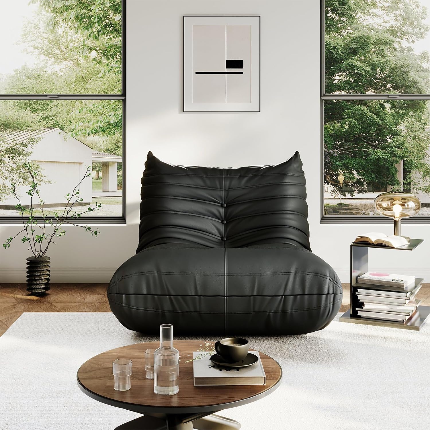 Lazy Floor Sofa,LoveSeat Fireside Chair,Big Bean Bag Chair with Memory Foam Filled for Living Room,Black
