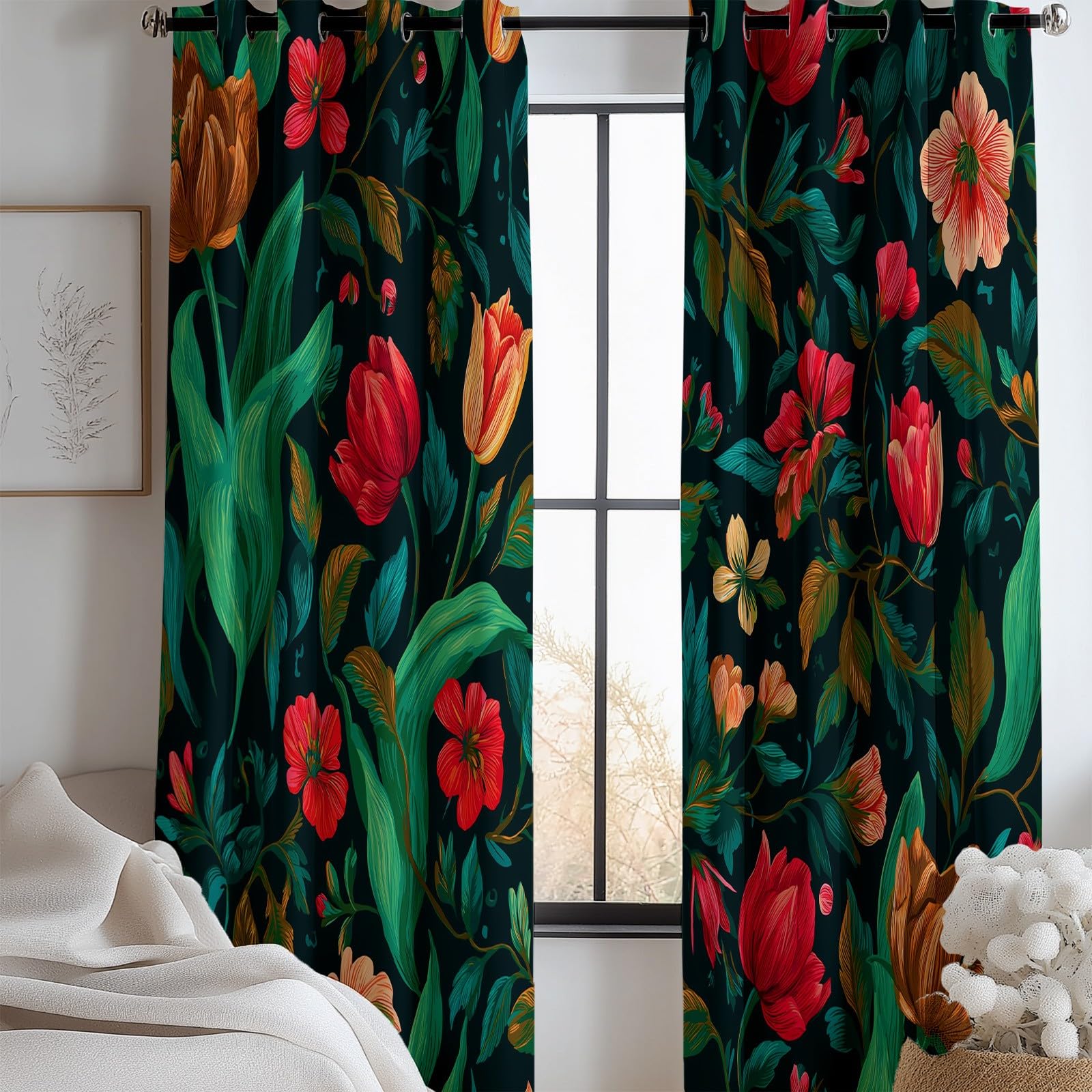 Generisch Verdunklungsvorhänge Blumen Blätter Kinderzimmer Vorhänge Blickdicht, Dunkelgrün Thermovorhang mit Ösen, für Schlafzimmer Fenster & Balkon Natur Dekoration - 110 x 215 cm (2er Set)