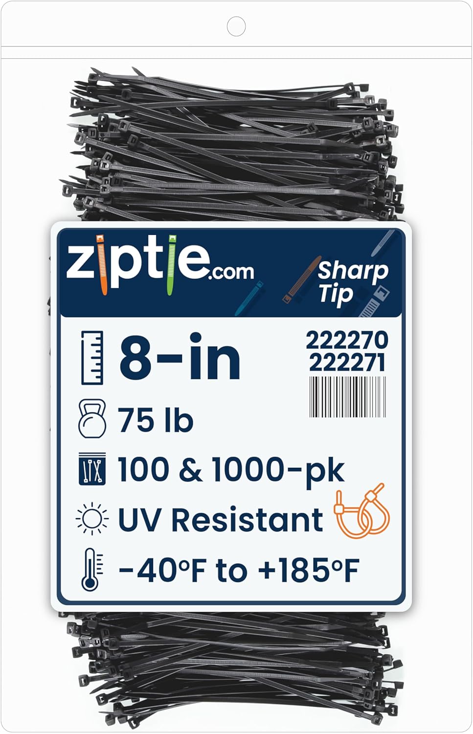 ZipTie.com 8-Inch Sharp Tip Black Nylon Multi-Purpose Zip Ties - 75-lb Tensile Strength Cord Management - UL 21S Listed Tie Wraps - UV Resistant, Indoor & Outdoor Multi-Purpose (1000-Pack)