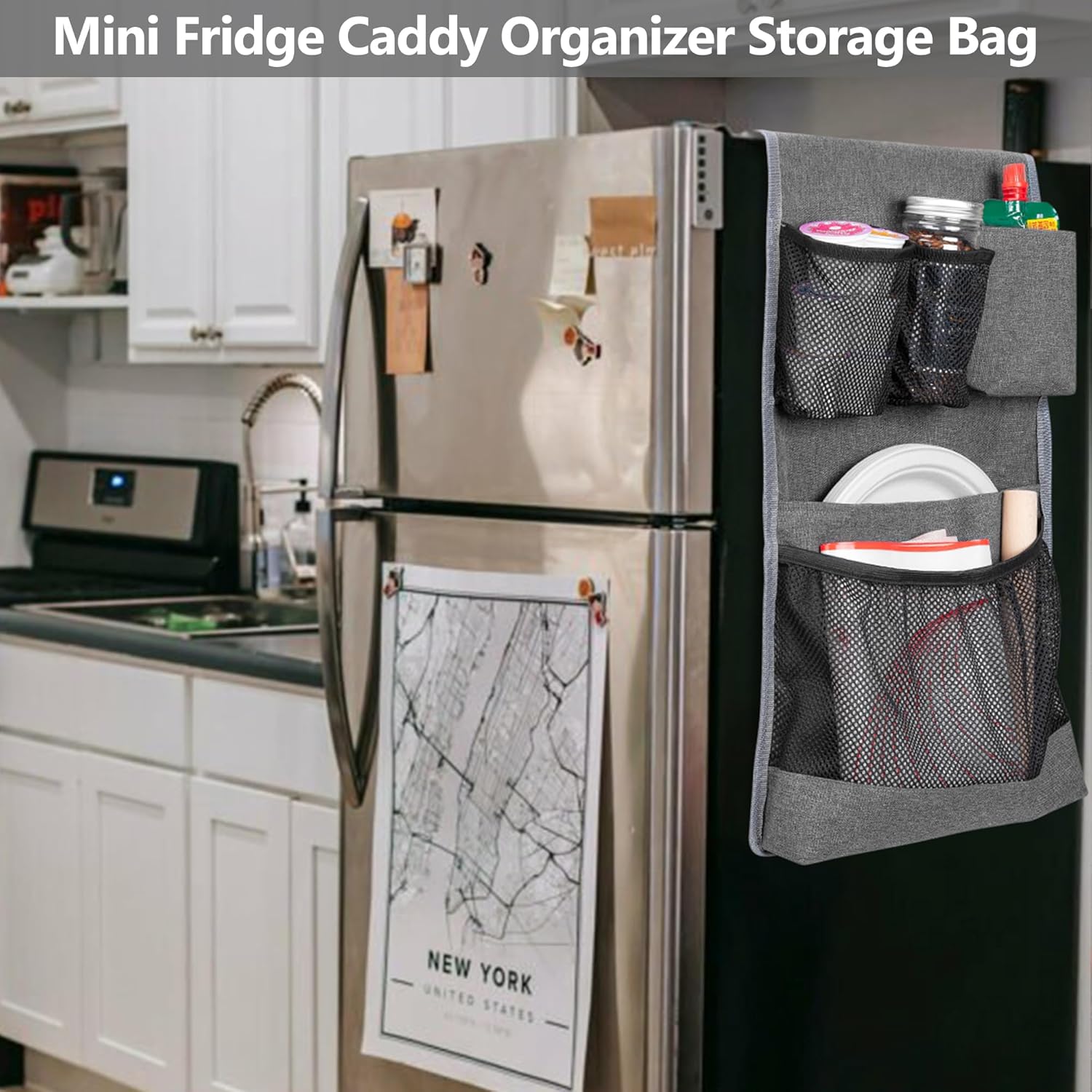 Rexmica Mini Fridge Organizer, Dust Cover with 14 Pockets for Most Household Refrigerators, Hanging Mini Fridge Caddy Organizer Storage Bag for Dorm, Office, Kitchen, Home, School, Gray